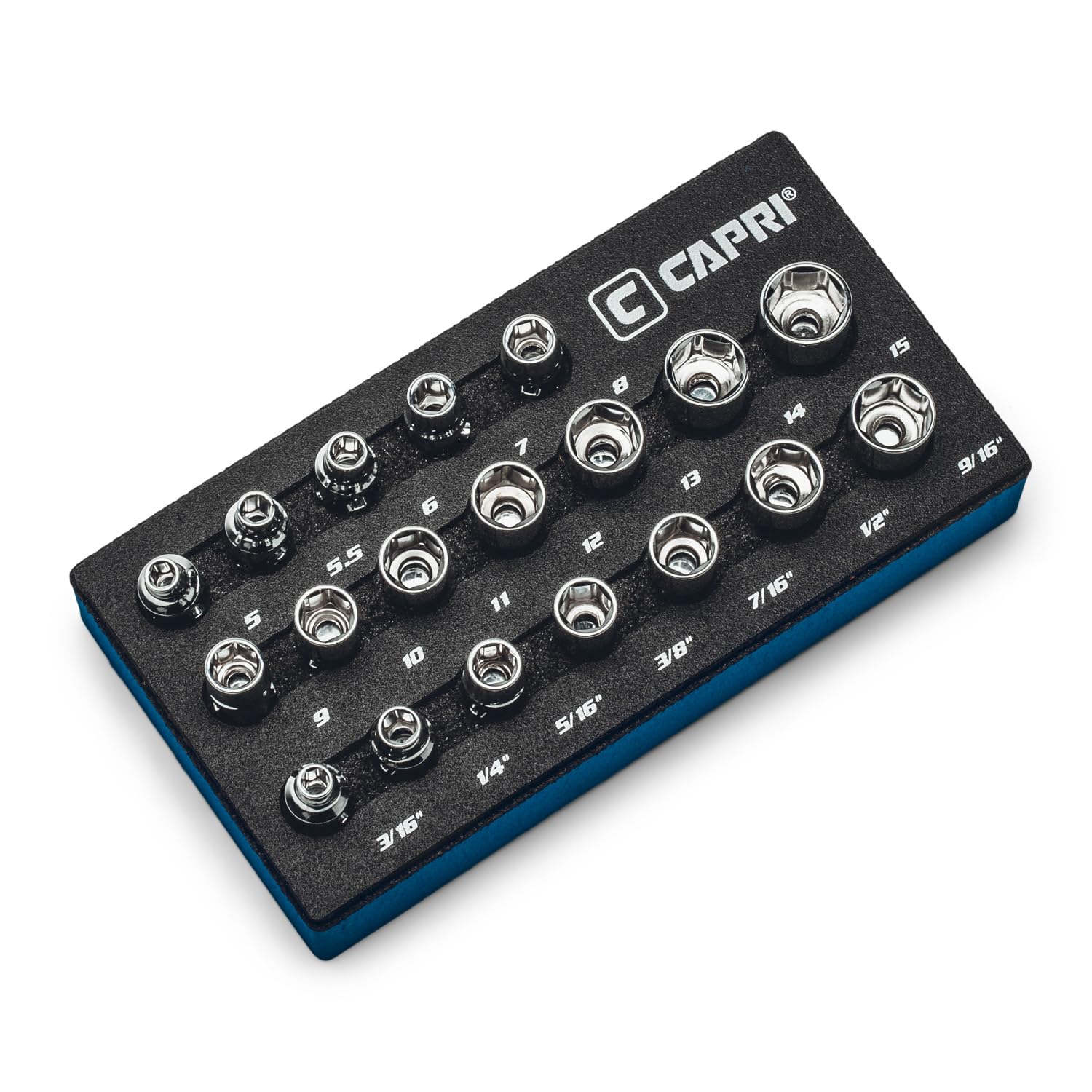 Capri Tools 1/4 in. Drive Master Universal Socket Set, 5 to 15 mm, 3/16 to 9/16 in. Metric and SAE, 19-Piece