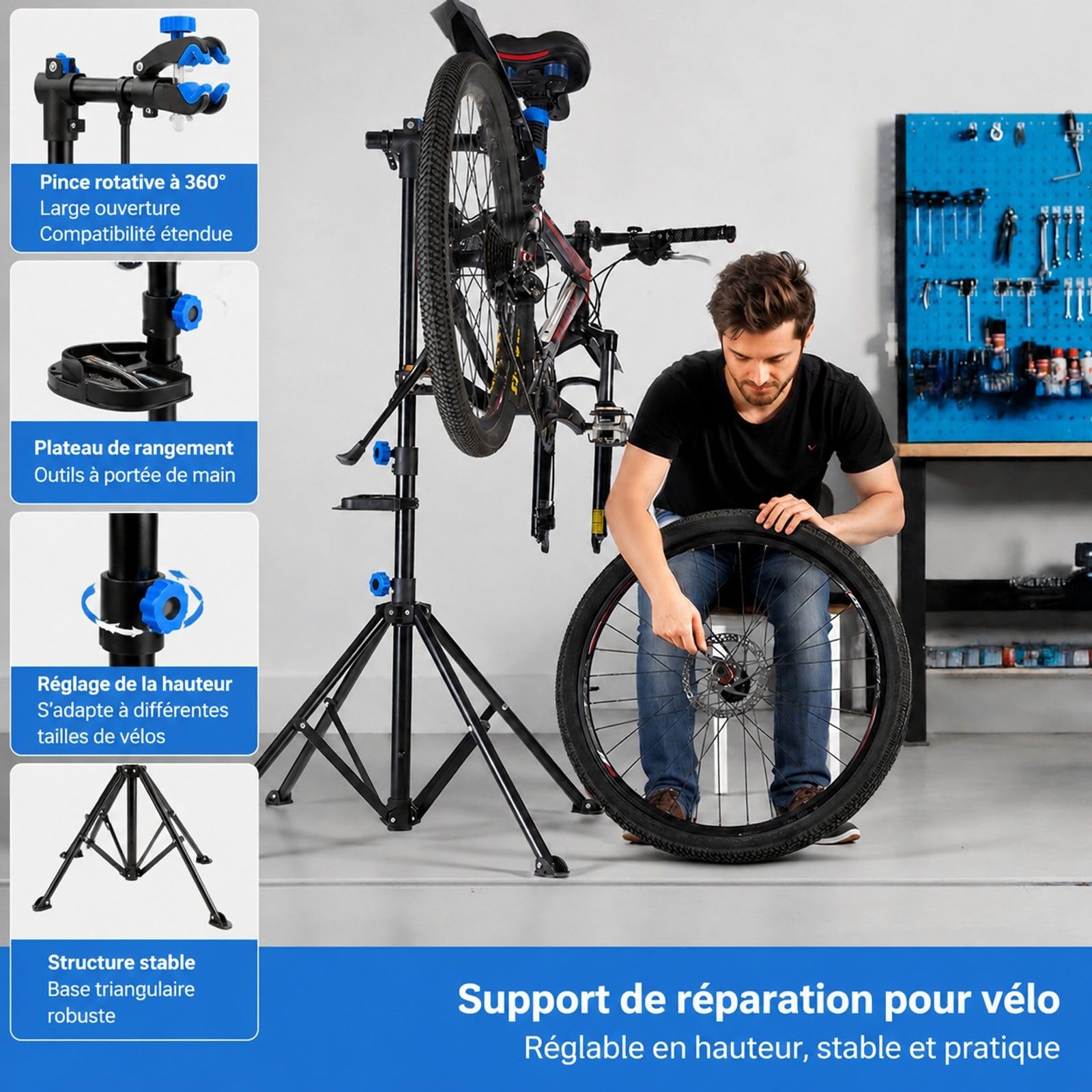 Fahrrad Reparaturständer mit Werkzeugablage, verstellbarer Montageständer für Wartung und Montage