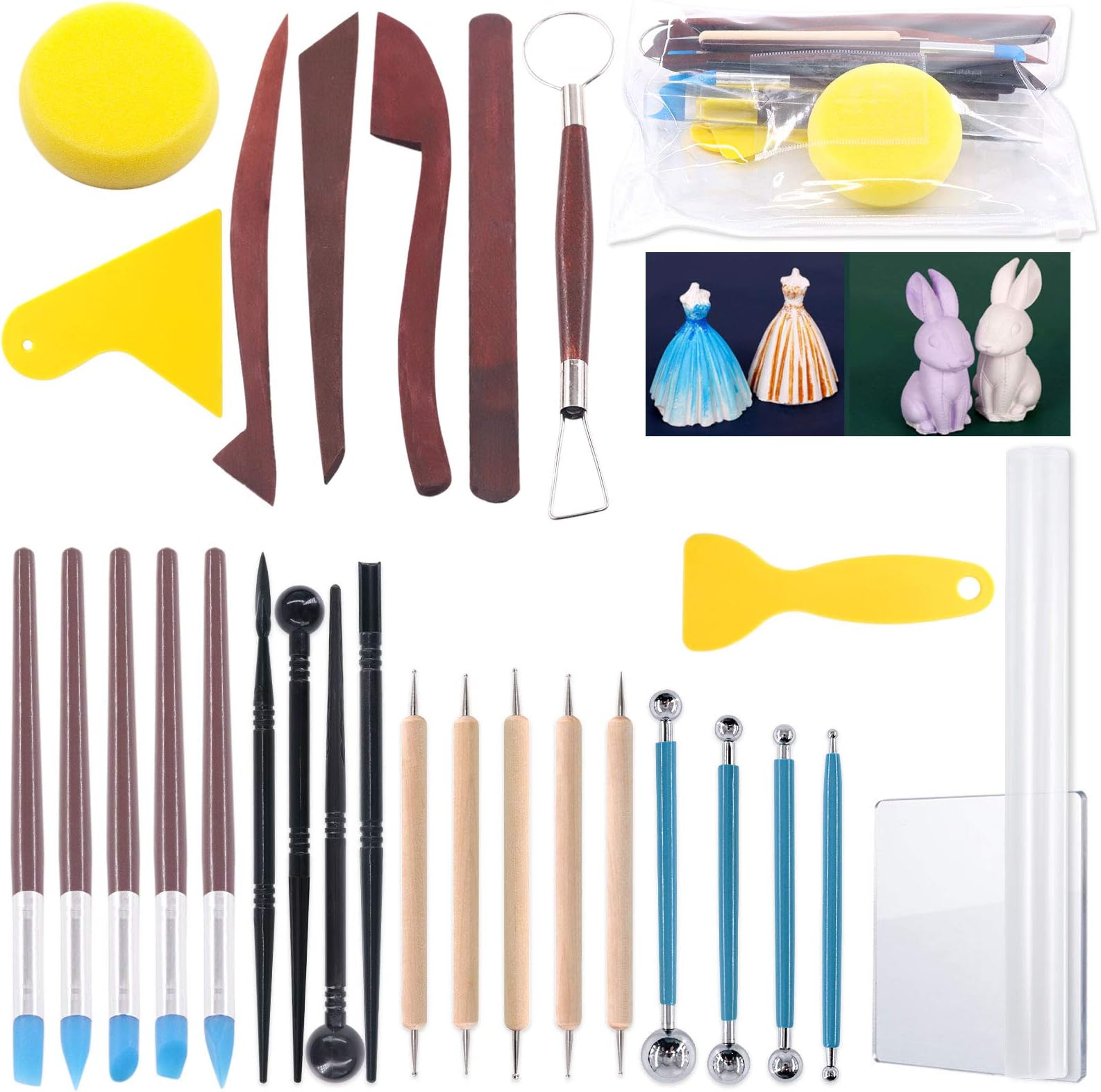 Keadic 29Pcs Ceramic Pottery Clay Sculpting Tools Kit,Soap Carving Tools for Shaping Flowers/Paper Dry Embossing/Cake Fondant Decoration/Nail Art/Pottery Clay Craft