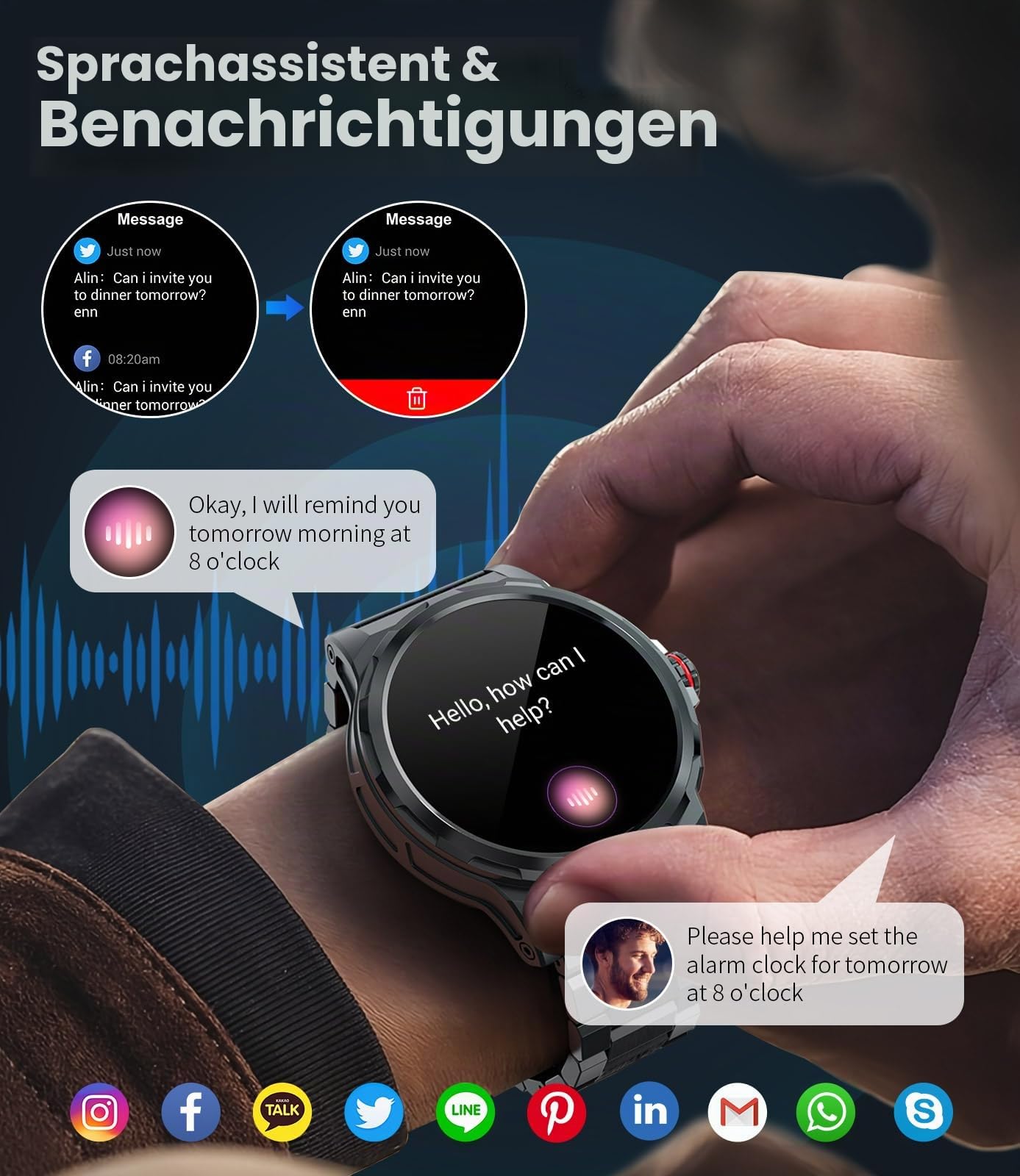 Militär Smartwatch Herren, 1,43-Zoll-AMOLED-Smartwatch mit Bluetooth-Anruf, 3 Armbänders, IP68 Wasserdicht/Herzfrequenz/Schlafmonitor, 120+ Sportmodi Outdoor Sportuhrfür Android iOS, Schwarz