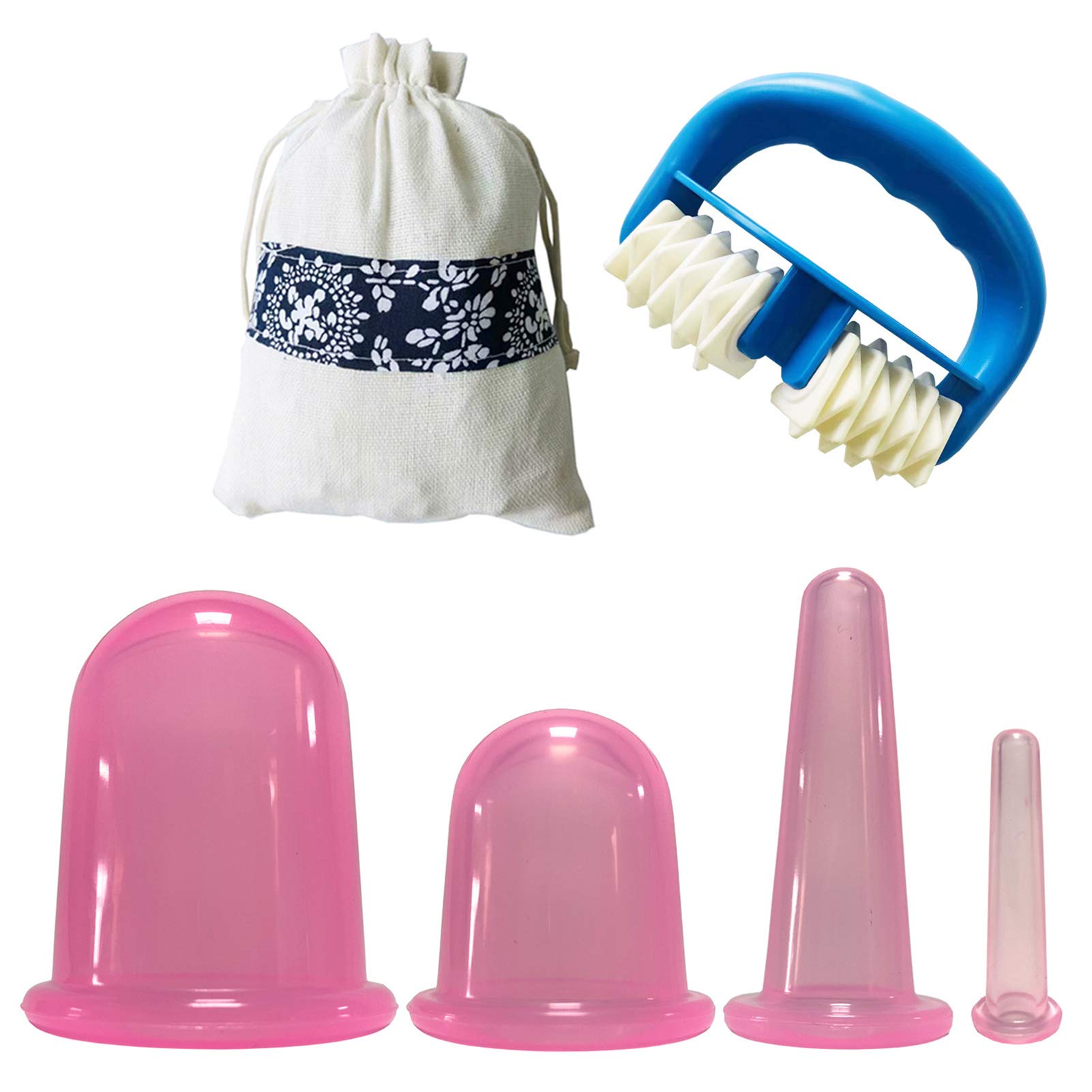 Juego de ventosas, juego de ventosas faciales para la cara, 4 latas de silicona anticelulítica, tazas de masaje al vacío, alivio del dolor corporal, rodillo de masaje, ventosas manuales, kit de ter