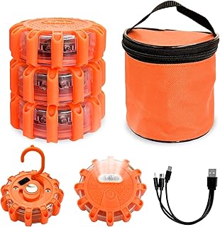 3 PCS LED Road Flares, Flashing Warning Light Emergency Disc Beacon with Magnetic Base & Hook, 9 Flash Modes Roadside Flare Safety Light for Most Vehicles, Car Accessories (Rechargeable)
