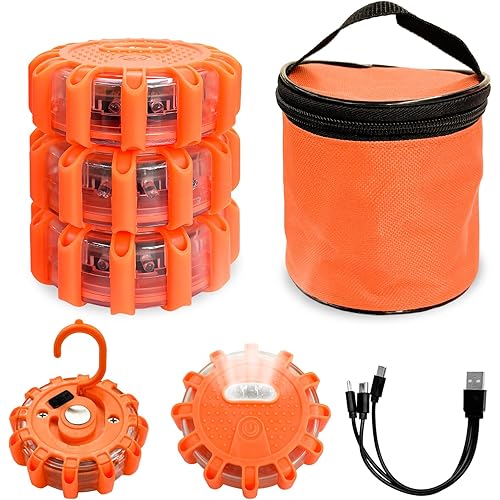 3 PCS LED Road Flares, Flashing Warning Light Emergency Disc Beacon with Magnetic Base & Hook, 9 Flash Modes Roadside Flare Safety Light for Most Vehicles, Car Accessories (Rechargeable)