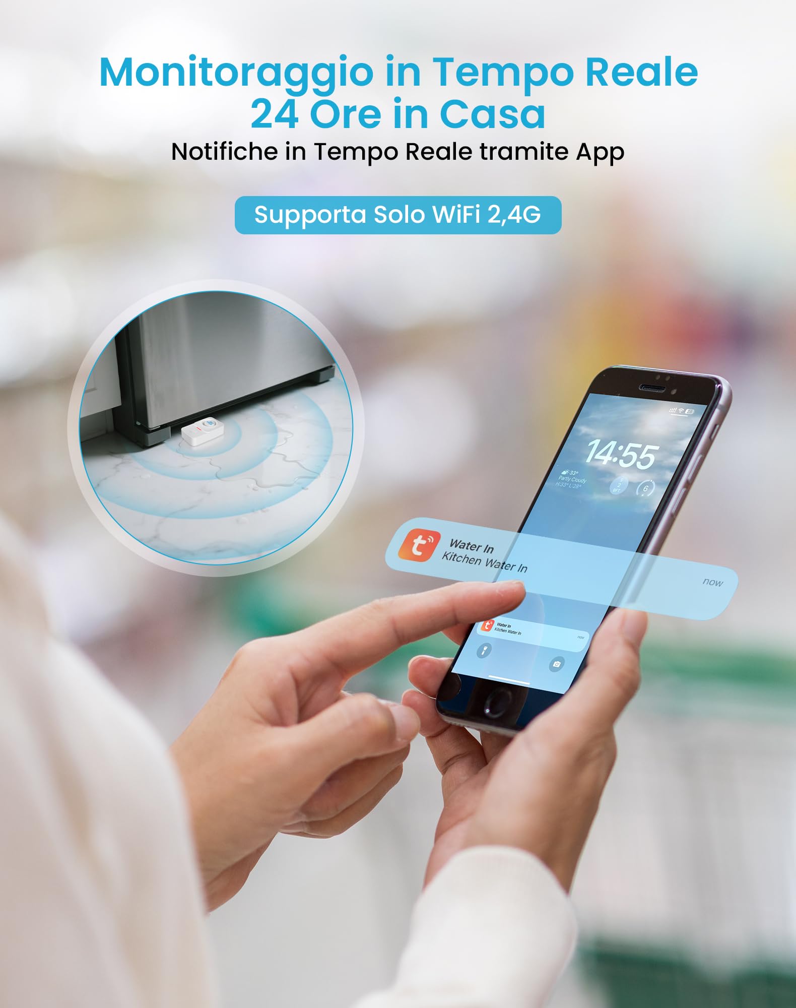 Rilevatore Perdita d'Acqua WiFi(Supporto 2.4G) Nessun Hub Richiesto, Sensore Acqua Wireless Intelligente con TUYA App, Avviso Regolabile 120dB, IP66 Ideale per Cucina Bagno Cantina Lavanderia