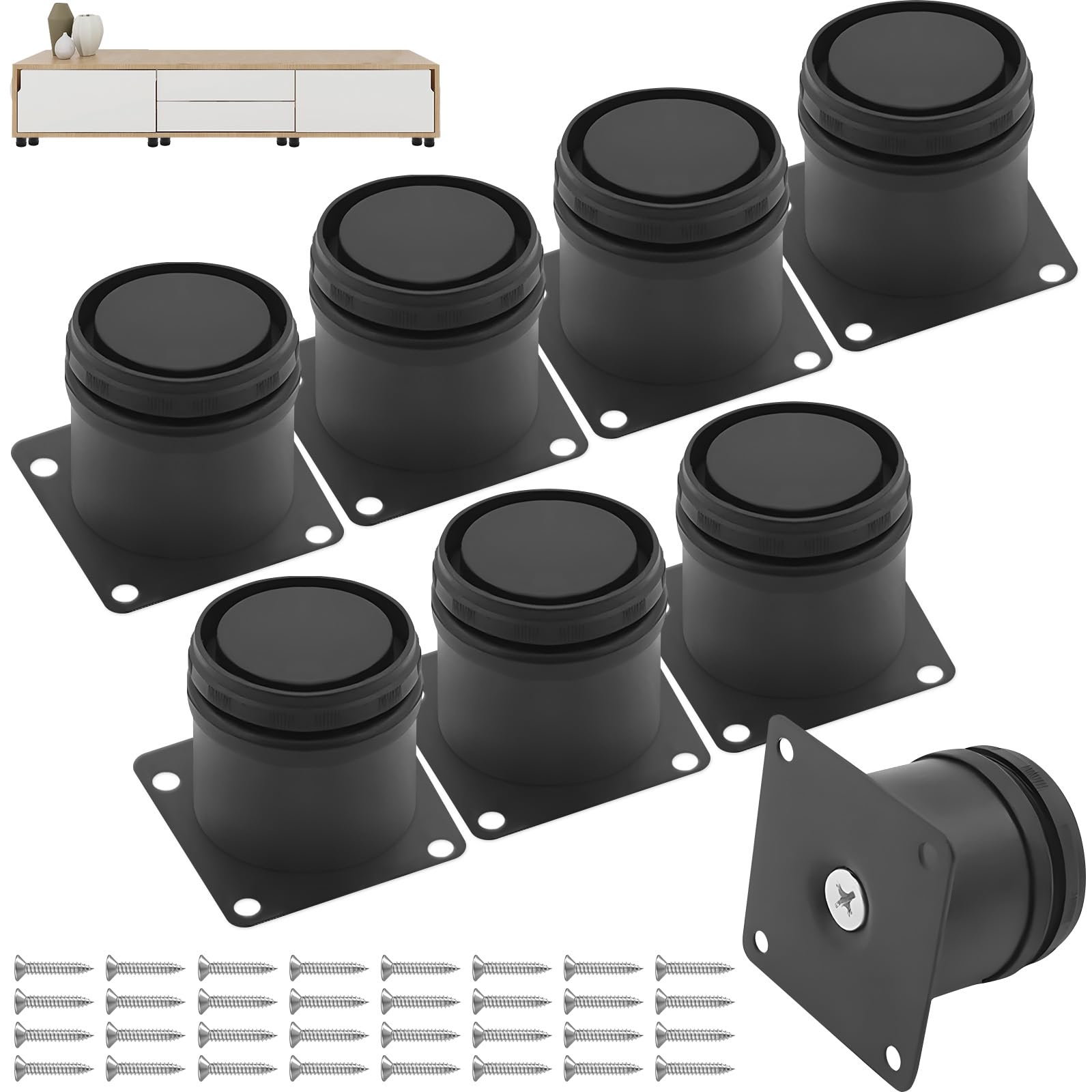 8 Pcs 50mm Furniture Legs with 32 Screws, 1-10mm Adjustable Height Sofa Feet, Stainless Steel Replacement Desk Support, Metal Round Cabinet Riser for DIY Bed, Cupboard, Kitchen, Ottoman (Black)