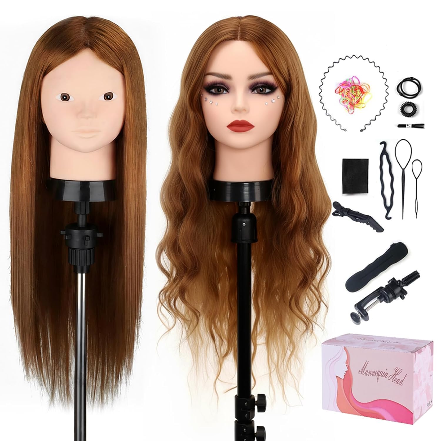 Frisurenkopf,Frisierkopf Echthaar 80%,60cm/23.5 Zoll Echthaar Haar Frisierkopf Schminkpuppe Kopf, Bilden Make-up Friseur Übungskopf Praxis Schaufensterpuppe Kopf mit DIY Haare Frisuren Set