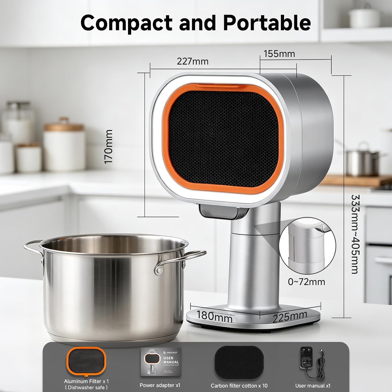 Portable Range Hood 4-Speed Exhaust Fan with Telescopic Height, 40° Tilt, 52dB Quiet, Aluminum Filter + Oil Cup + 10 Carbon Filters, Perfect for Indoor BBQ, Hot Pot, RV & Small Kitchens-Silvery Grey