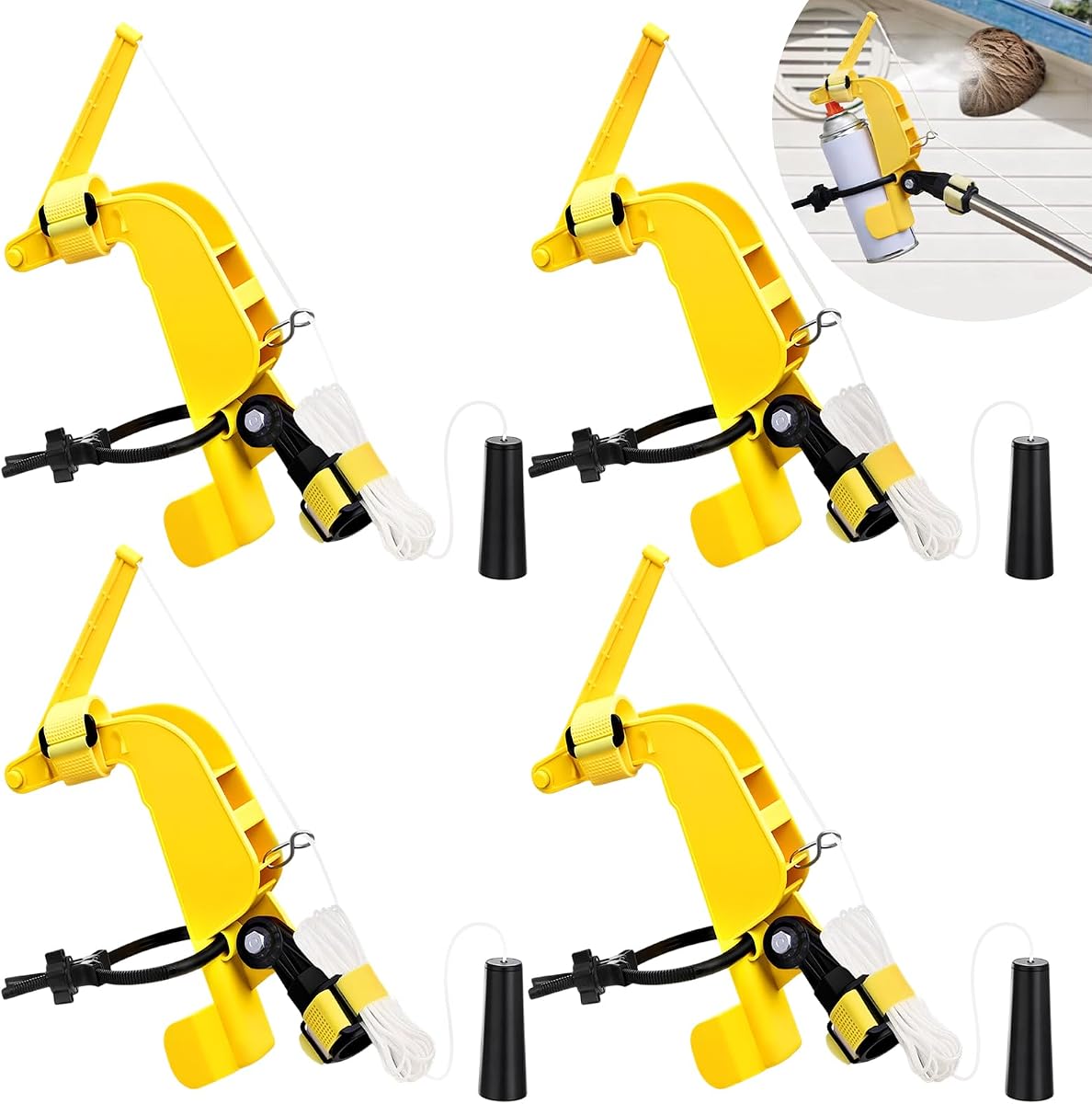 Novabright 4 Pcs Spray Can Extension Pole Adapter - Adjustable Angle Aerosol Can Trigger Handle with Pull Cord - High Reach Tool for Wasp Hornet Sprayer, Carpenter Bee Dusting & Painting (Yellow)