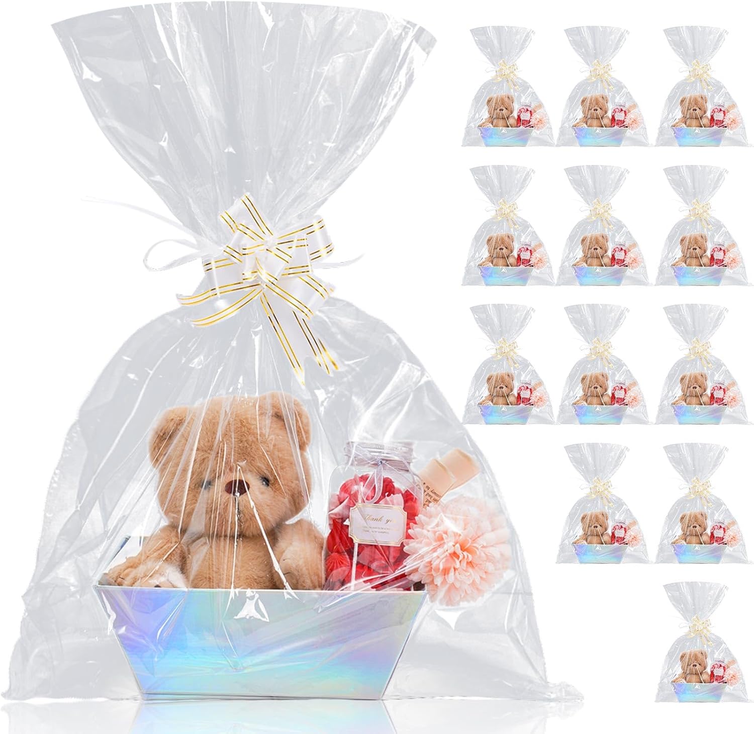 JarThenaAMCS 12Pcs Holographic Basket for Gifts Empty with Clear Cellophane Bag & Ribbon Bow Kraft Paper Gift Wrapping Basket for Housewarming Party Favor Supplies, 9.8 x 6.6 Inch