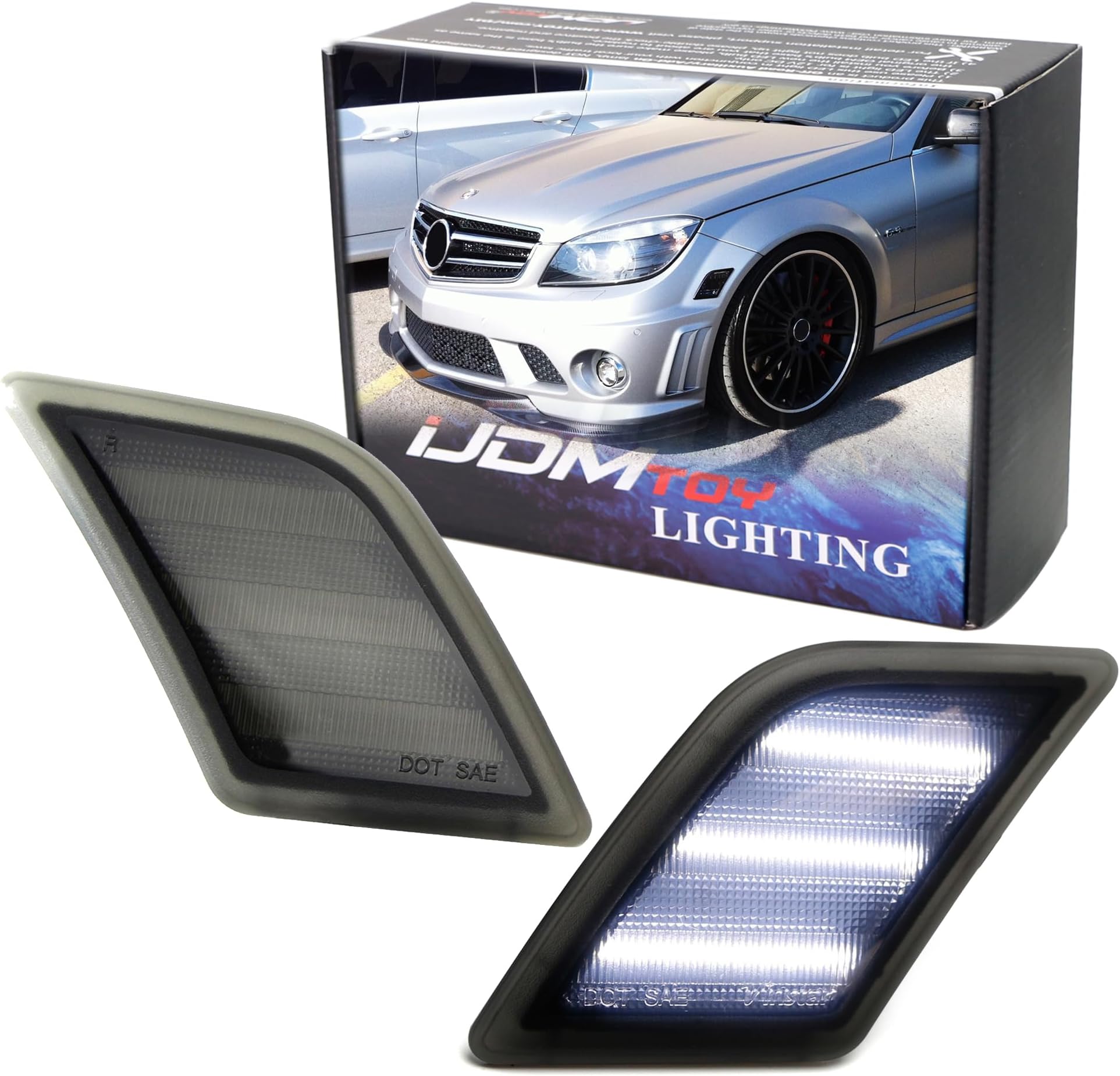 Smoked Lens White Full LED Front Side Marker Light Kit Compatible With 2008-11 Mercedes W204 C250 C300 C350 & 2008-2013 C63 AMG, Powered by SMD LED, Replace OEM Sidemarker Lamps