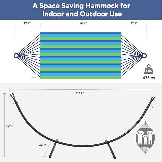 SUNCREAT Portable Outdoor Hammock with Stand Included, Double Hammock with Stand for Outside, Blue & Green Stripes