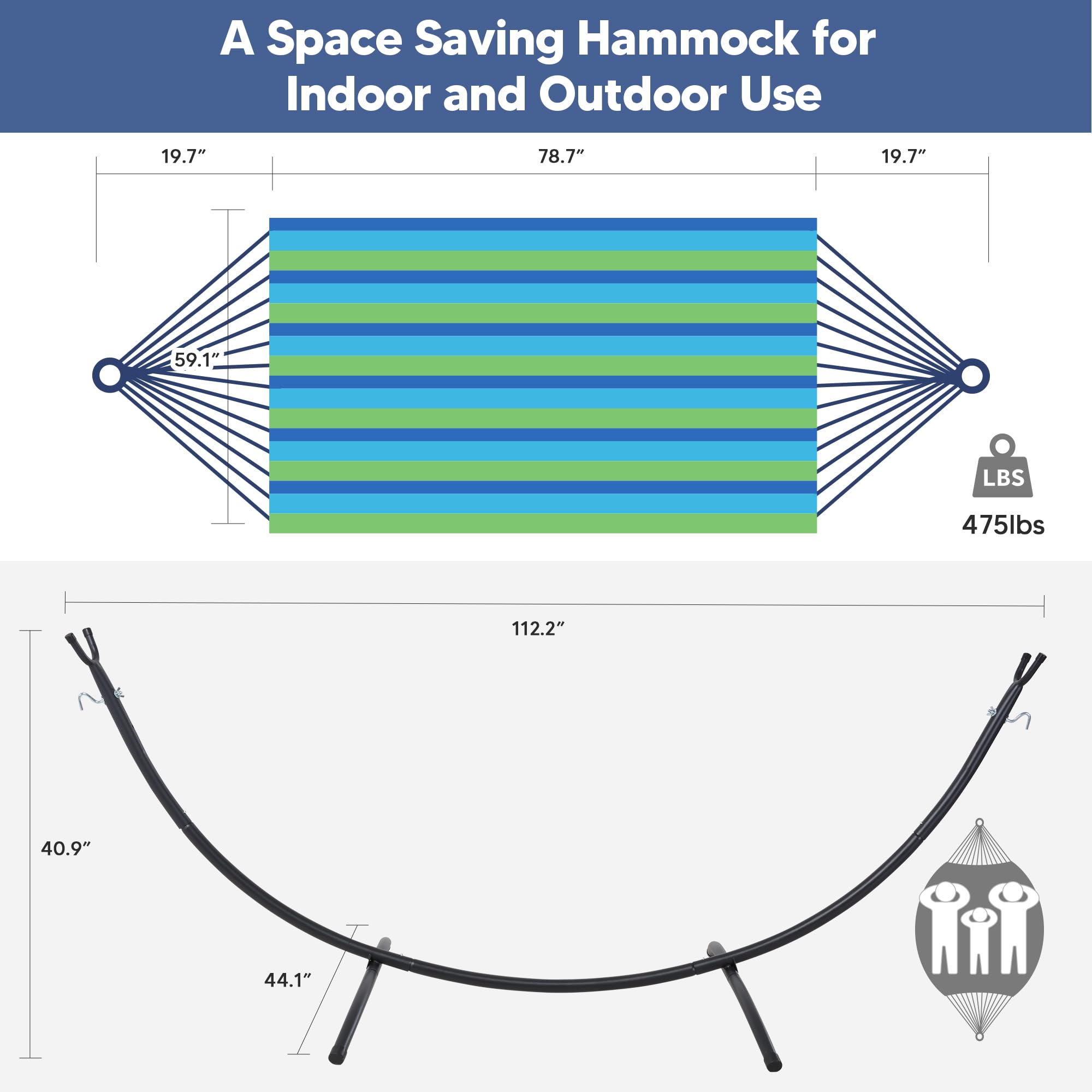 SUNCREAT Hamaca portátil para exteriores con soporte incluido, hamaca doble con soporte para exterior, rayas azules y verdes