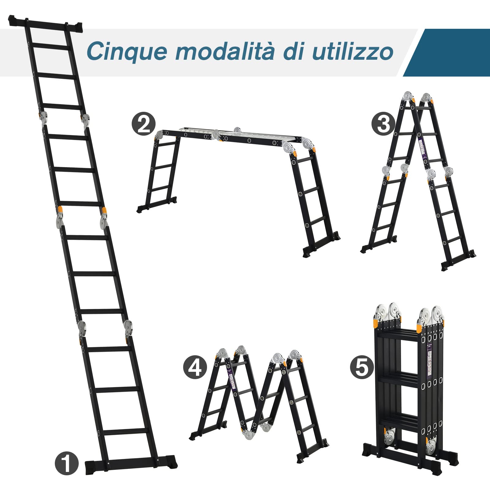 DURHAND Scala in Alluminio 5 in 1 Nera con 2 Pannelli di Sostegno, Scala Pieghevole per Interni ed Esterni, Carico Massimo 150kg, 370x61x11 cm