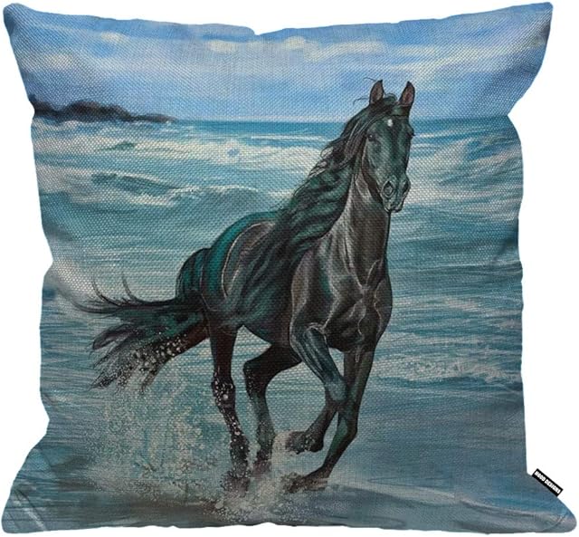 HGOD DESIGNS Cushion Cover Horse Beautiful Black Horses Running On The Beach Throw Pillow Cover Home Decorative for Men/Women/Boys/Girls Living Room Bedroom Sofa Chair 18X18 Inch Pillowcase