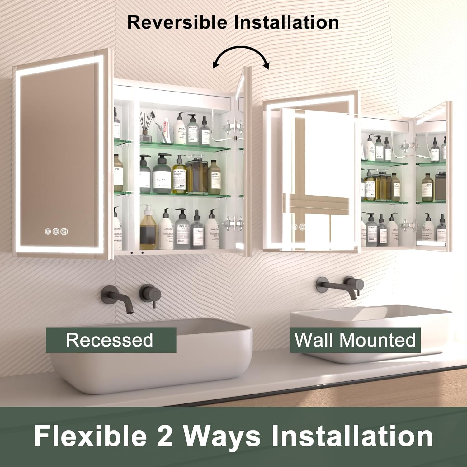 LED Bathroom Medicine Cabinet Mirror with Lights, 36'' x 26'' Aluminum Frame with Sockets & USBs, Anti-Fog Dimmable Light and Color Adjustment, Sliver