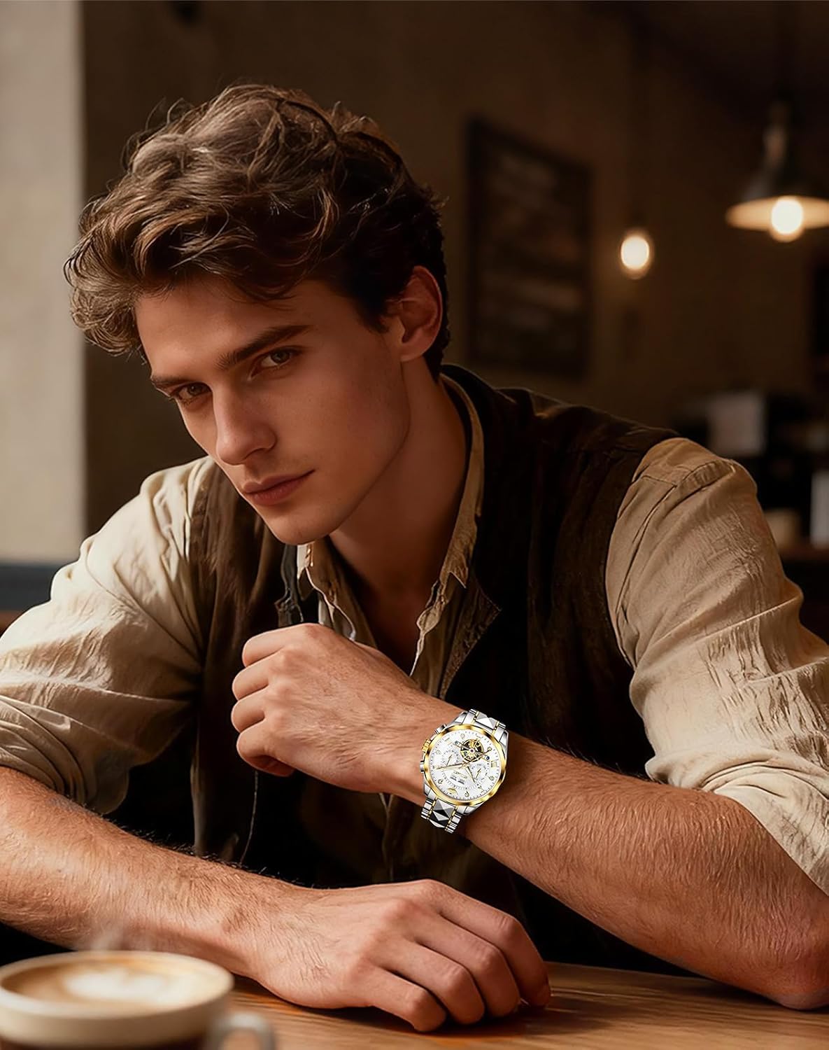 OLEVS Men Automatic Watch Diamond Skeleton Mechanical Original Luxury Self Winding Moon Phase Calendar Waterproof Wrist Watch for Men