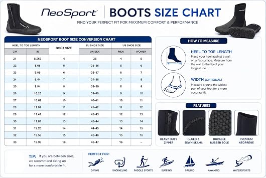 NeoSport Low-Top Neoprene Water Boots Durable Traction Sole, Glued & Sewn Seams, Puncture-Resistant Sole for Diving, Snorkeling, Surfing, Kayaking & Watersports