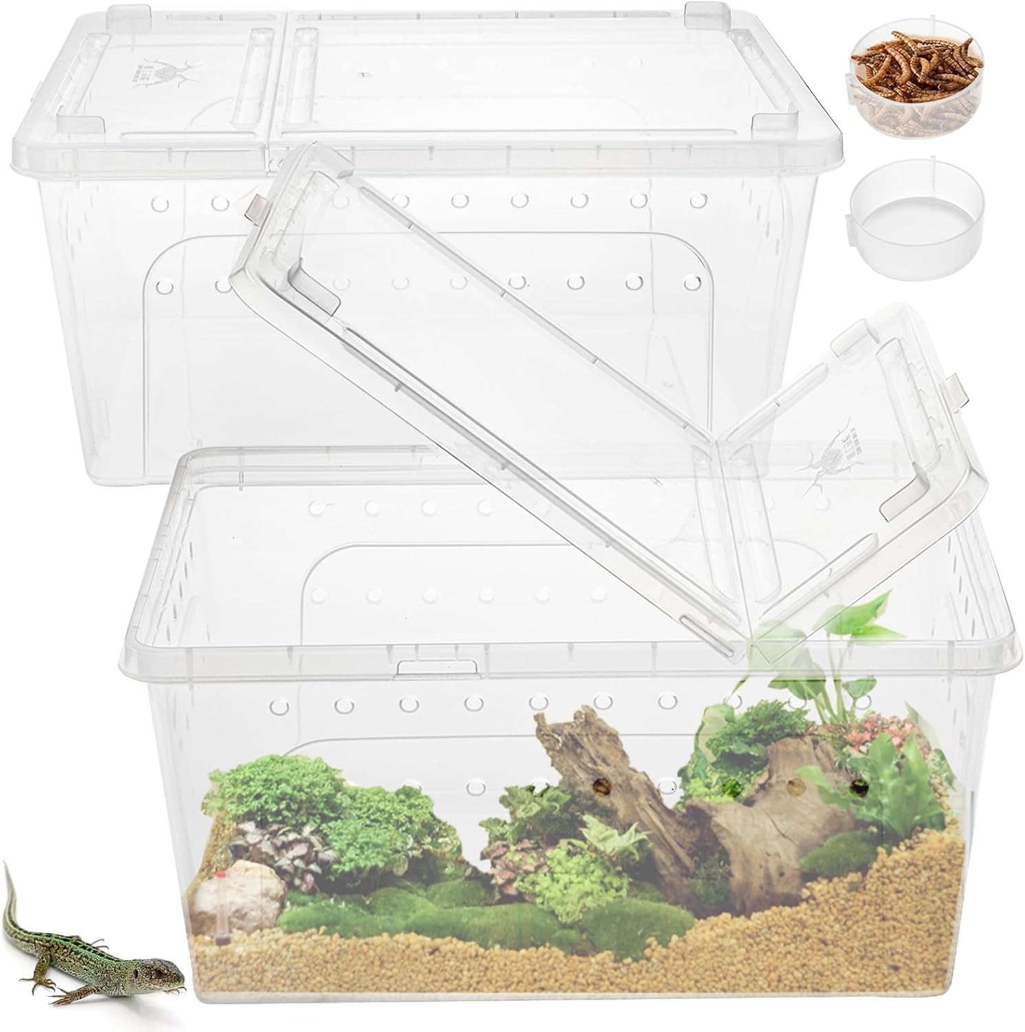 2 Pack Reptile Feeding Box, 12.6″x8.7″x6″ Transparent Snake Enclosure Terrarium, Plastic Spider Habitat Cage with Feeding Bowl, Small Hatching Container with Ventilated Lid for Lizard Frog