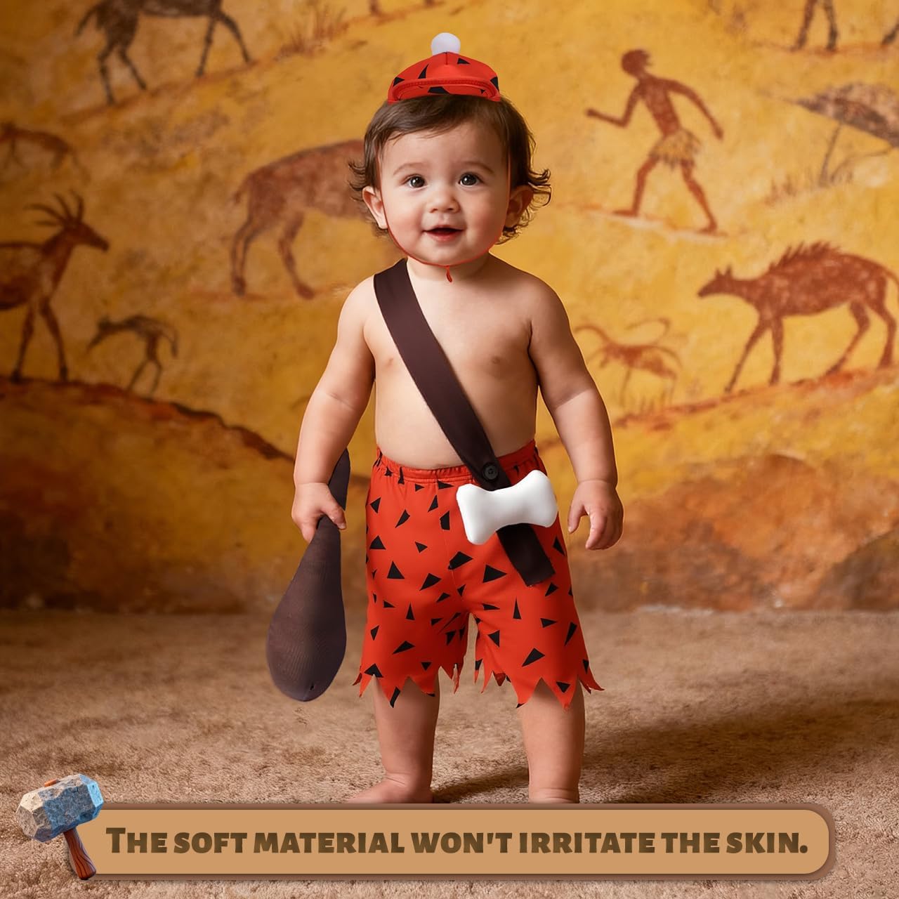 VZQI Caveman Costume Toddler Boys Caveman Shorts with Hat and Stick for 1-3 Year Olds Halloween kids Outfit