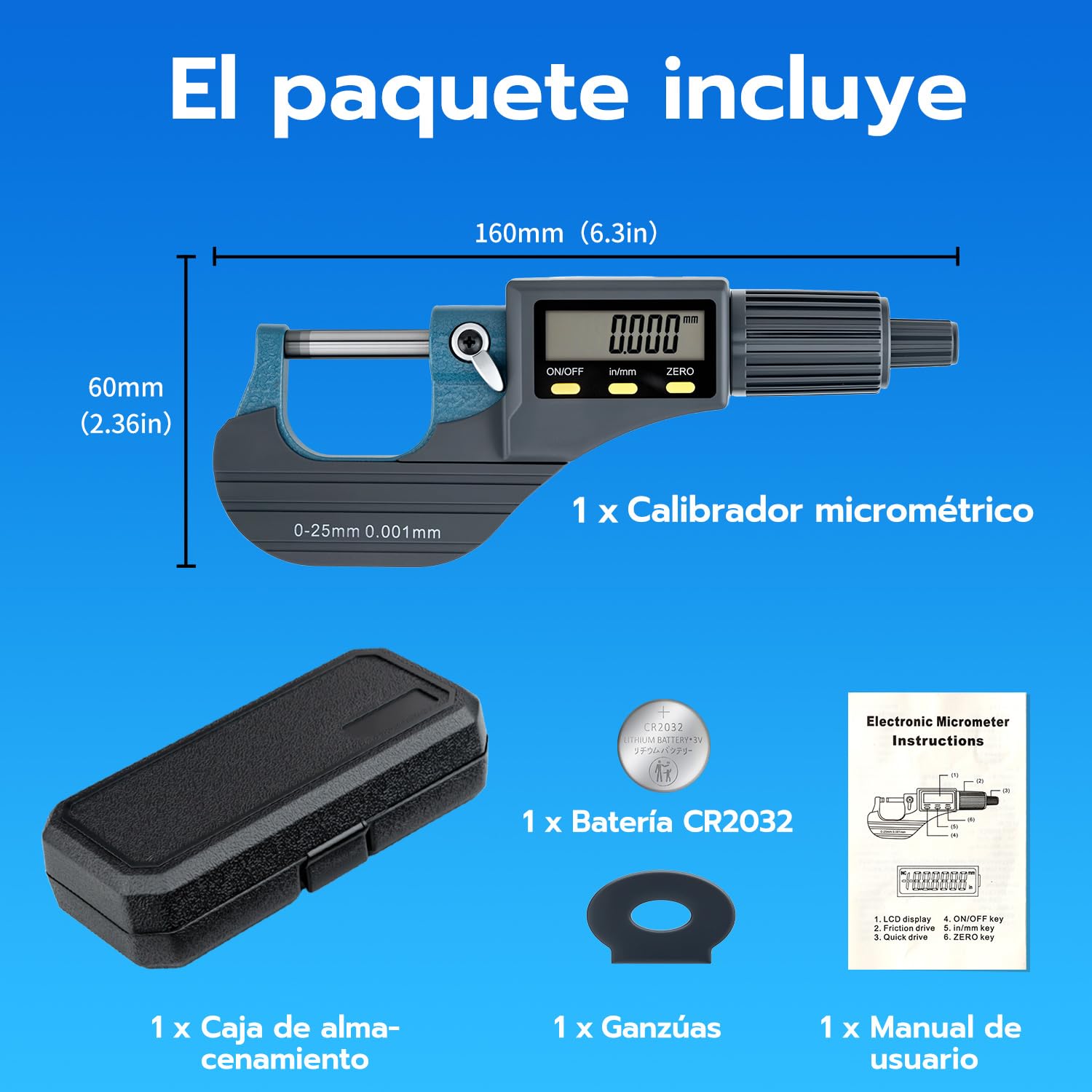 Mcbazel Micrómetro Digital de Alta Precisión con LCD 0-25 mm, Calibrador Electrónico Digital Pulgadas/Métricas, Precisión de 0.001 mm, Herramienta de Medición de Espesor y Longitud