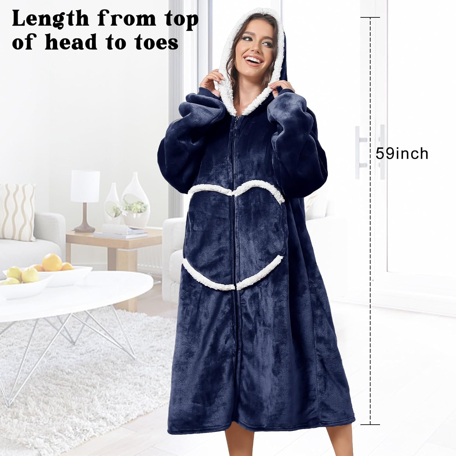 Oversized Wearab Blanket Hoodie, Cozy Flannel Blanket with Sleeves and Zipper for Women, Mens, Teens (80 x 120 cm) - Image 3