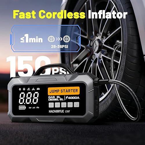 Miniatura 6 de Arrancador de salto de 4000 A con compresor de aire, batería portátil de 12000 mAh y 150 PSI, batería de caja de salto de 12 V (motor diésel de gas