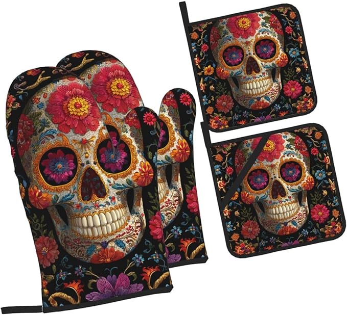Oven Mitt & Pot Holder Set 4Pcs Heat Resistant Kitchen Mitts Sugar Skulls Oven Mitts and Pot Holders Set of 4 Kitchen Gloves with Hanging Loop Pocket Potholders for BBQ Cooking Baking