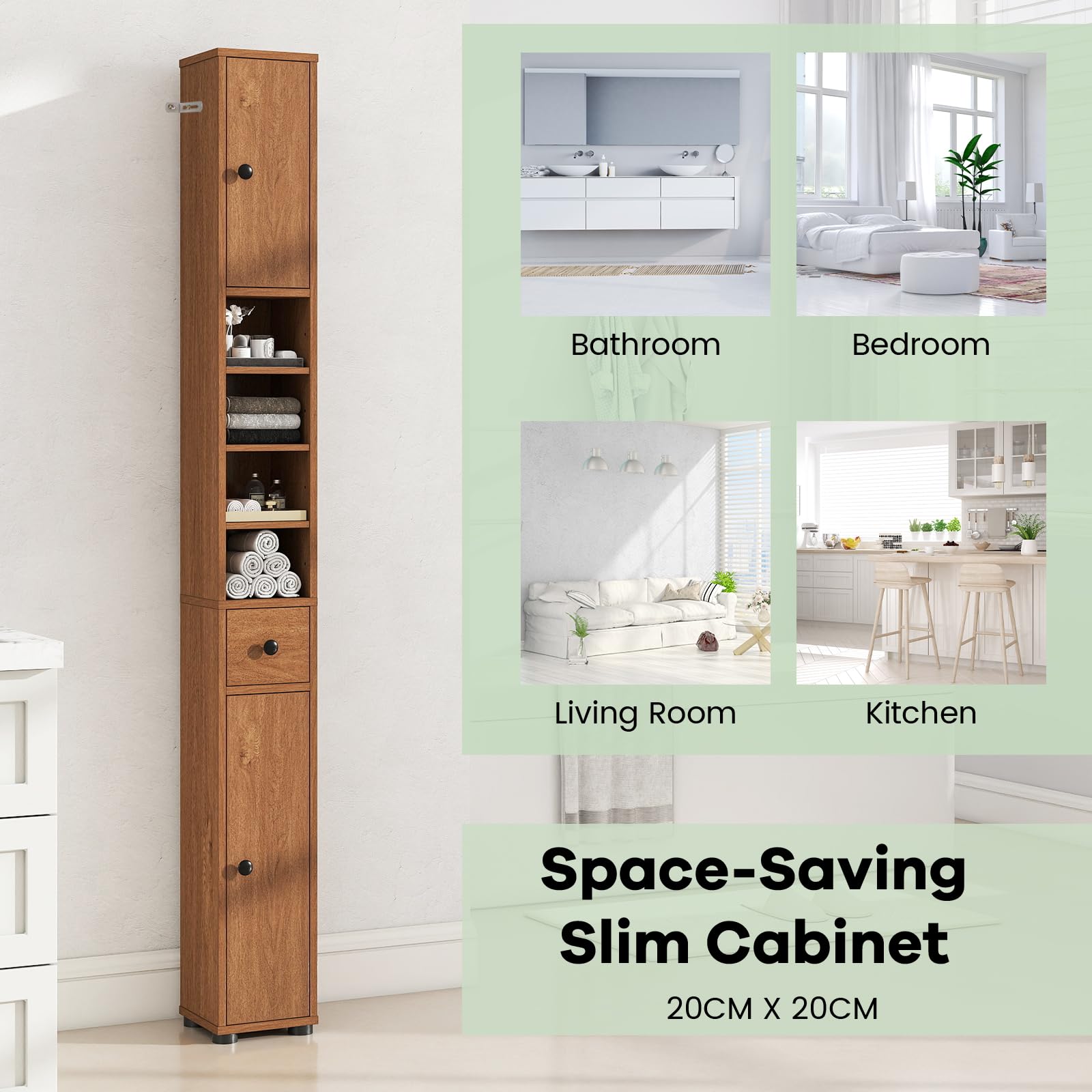 LIFEZEAL Colonna Bagno Salvaspazio in Legno, Mobiletto Multiuso con 2 Ante e 1 Cassetto e 5 ripiani Regolabili, 20x20x180cm, Armadio Angolare da Terra con Dispositivo Anti-Ribaltamento (naturale)