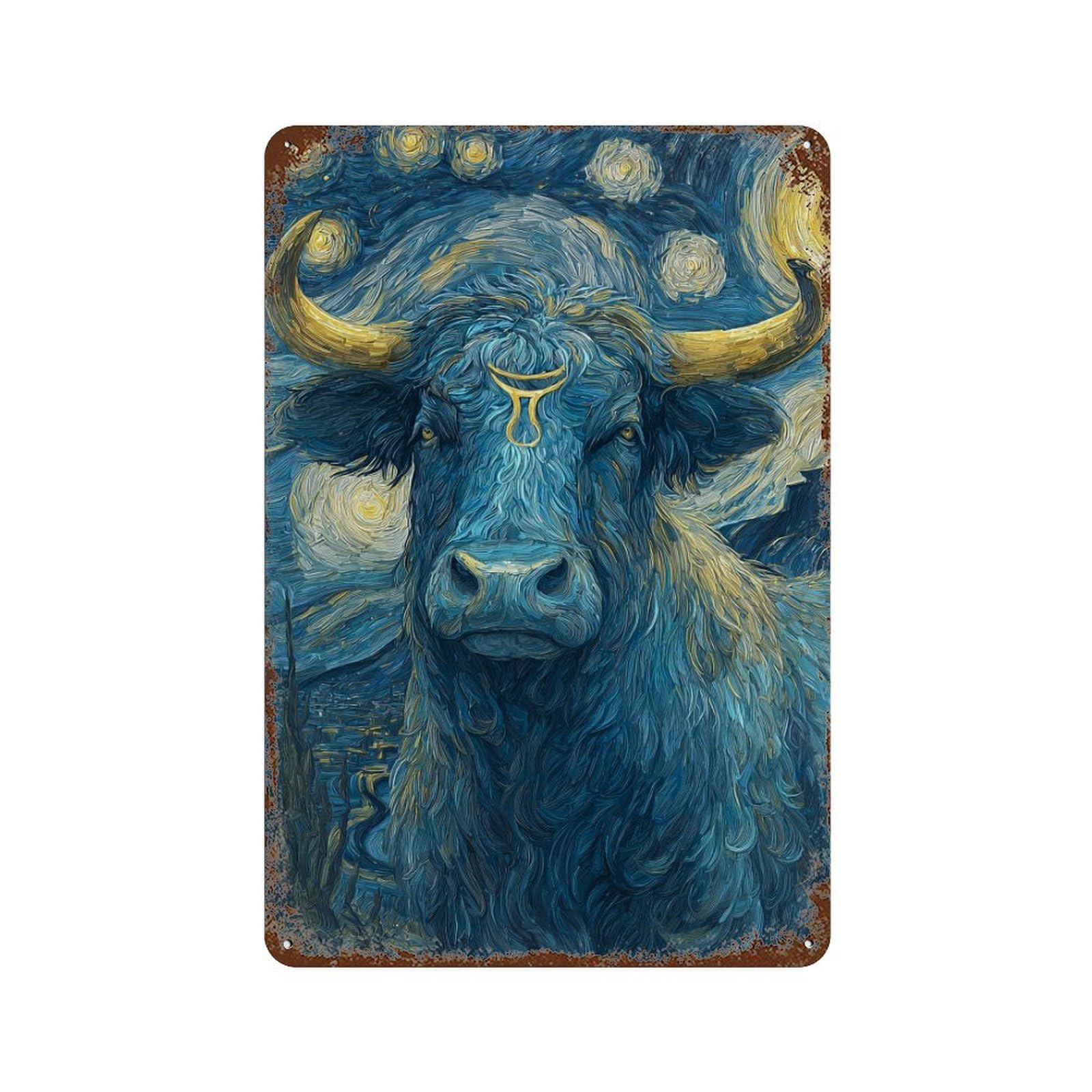 Starry Night Bull Art Print -1 Aged Metal Wall Plaque 11.8"x7.9", Classic Wall Plaque for Garage, Pub Or Kitchen