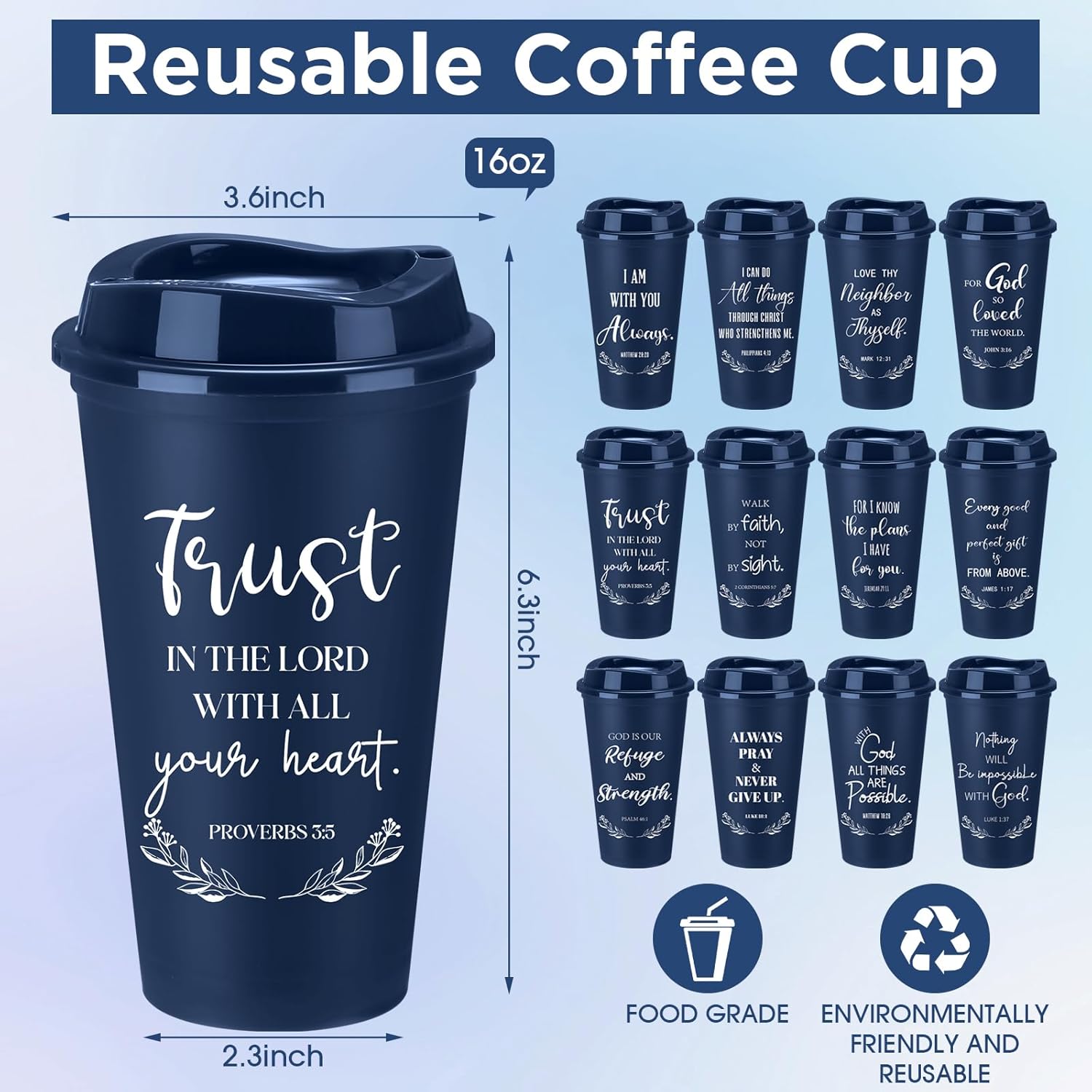 Skylety 24 Pack Valentines Christian Church Gift 16 oz Plastic Coffee Cups with Lids Bible Verse Travel Tumblers Religious Appreciation Gift for Employee Coworker Nurse Women Men Pastor (Deep Blue) - Image 2