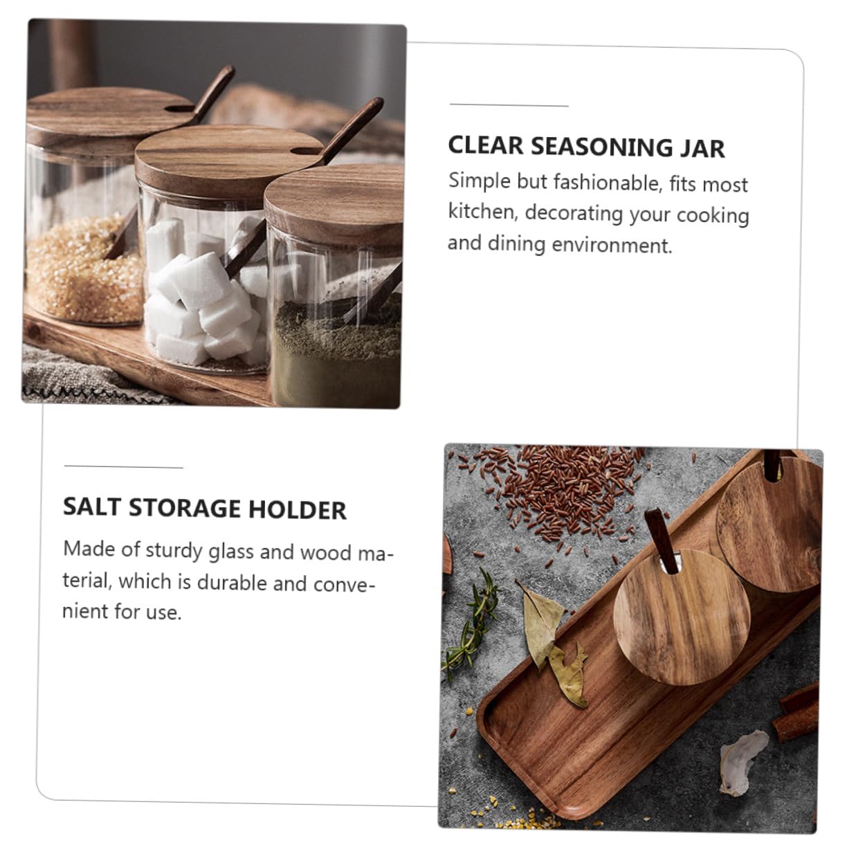 SHINEOFI Glas Gewürzglas mit Holzdeckel Löffel und Tablett Klare Aufbewahrungsgläser für Küche Multifunktionale Gewürzdosen für Salz Zucker und Gewürze Stilvolles Küchenzubehör