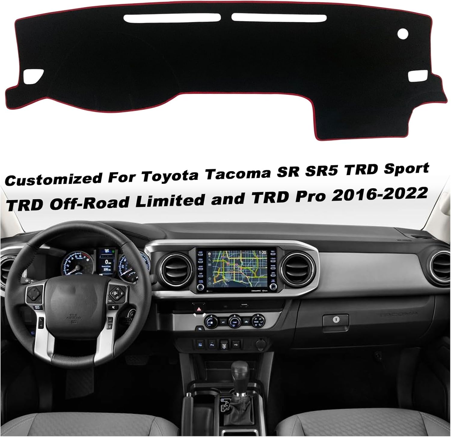 Dash Mat Cover Custom Interior Center Console Compatible with Toyota Tacoma 2016 2017 2018 2019 2020 2021 2022 Dashboard mat Cover Accessories (Red Rim)