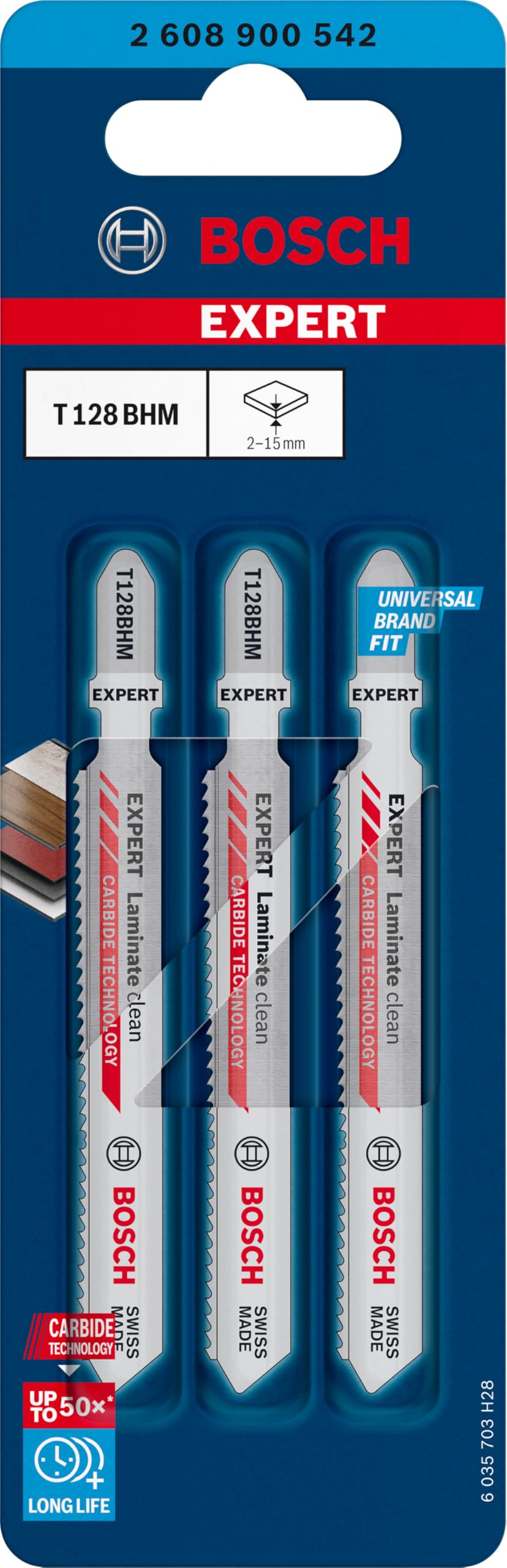 Bosch Professional 3x EXPERT 'Laminate Clean' T 128 BHM Dekupaj Testere Bıçakları (Dolu Laminant Vinil, PVC, HPL Yüksek basınçlı laminant, Uzunluk 92 mm, Aksesuar Dekupaj Testeresi)