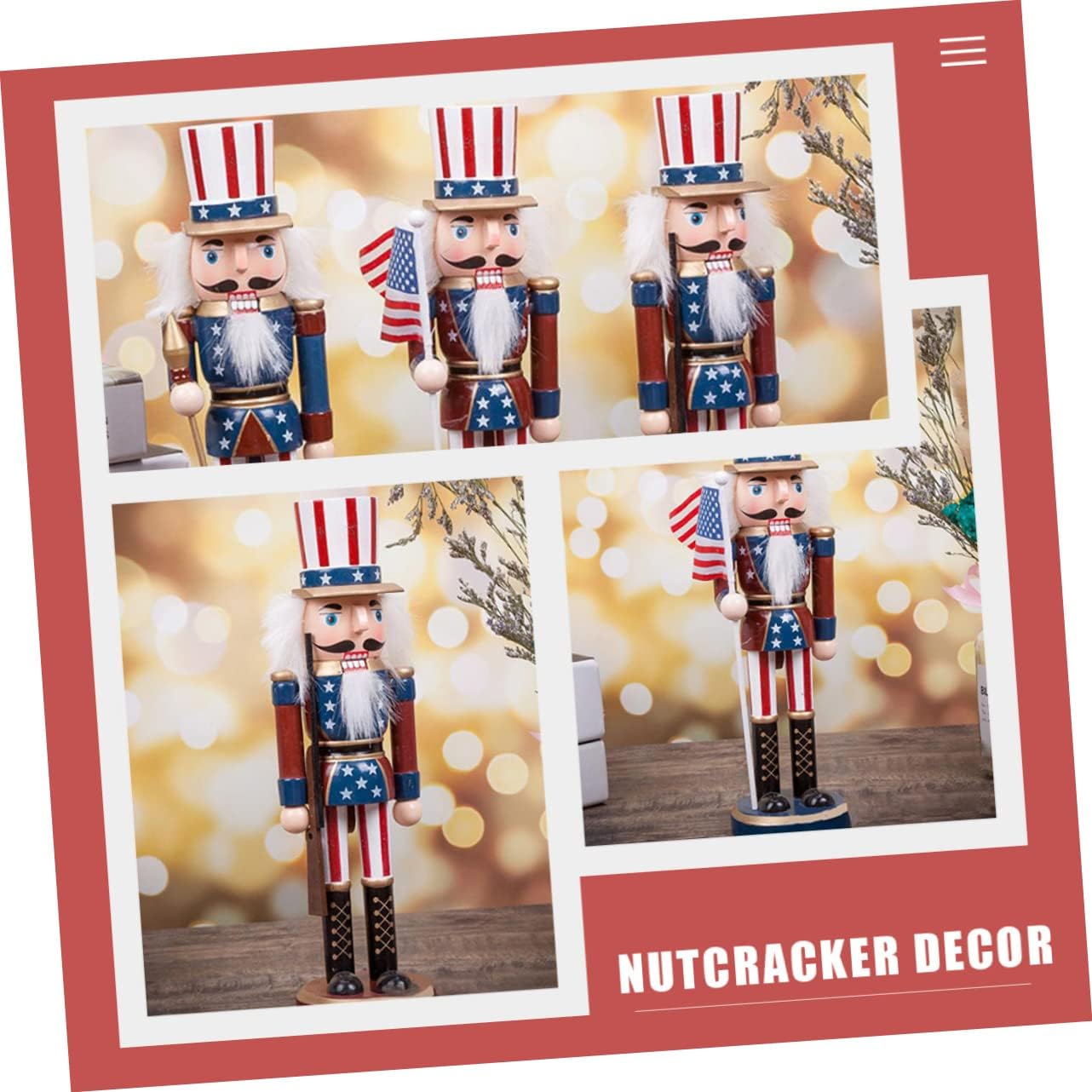 Ciieeo 3Pcs Wooden Nutcracker Soldier Figurines with USA Flag, Cane - 9.84 Inch Patriotic Tabletop Decor for Independence Day, Memorial Day, and Christmas Decorations