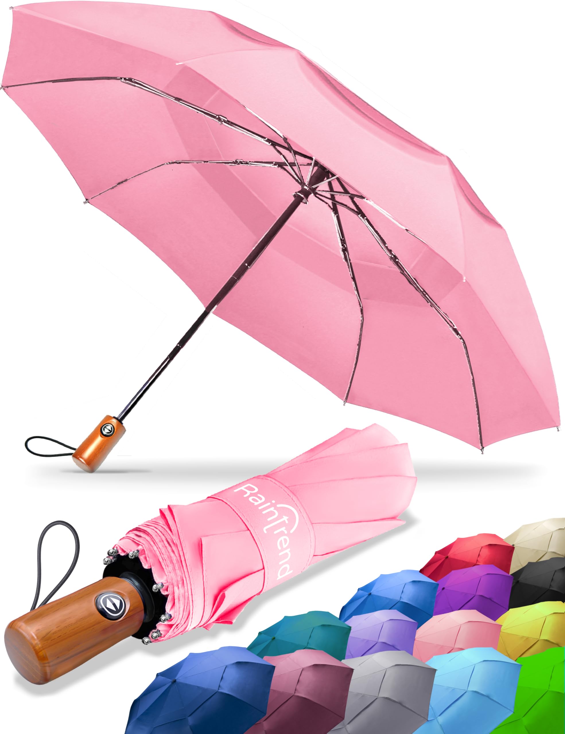 Raintrend Windproof Travel Umbrellas for Rain Automatic +10% Bigger Canopy Strong Frame Compact Folding Portable Umbrella for Women Men Backpack Purse