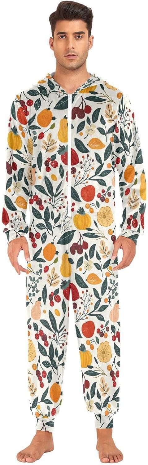 ZZKKO Countryside Fruit Leaves Adult Onesie Pajamas for Women Men Cozy One Piece Pajamas Costume Zip-Up Hooded S-XL