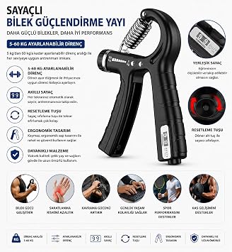 Sayaçlı Bilek Güçlendirme Yayı 5-60 Kg Orijinal Sayaçlı El Yayı 60 Kg - 5 Kg Ayarlanabilir 1 Adet El Yayı Bilek Kas Güçlendirici