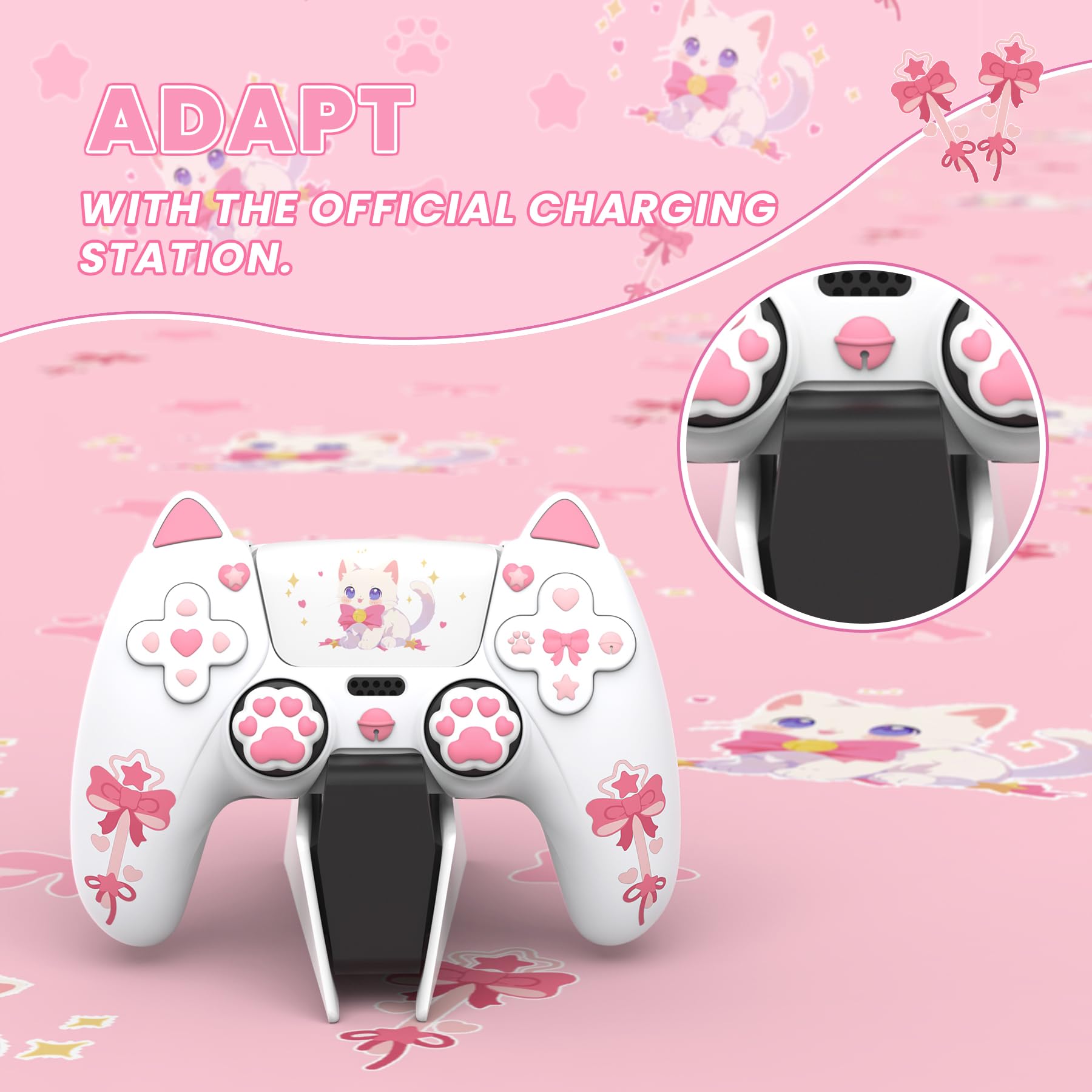 PlayVital Cover Joystick per ps5 Controller,Skin Silicone Antiscivolo&6 Copri Analogici&Adesivi,Custodia per ps5 Joypad-Compatibile con Base di Ricarica-Gattino Carino,Bianco