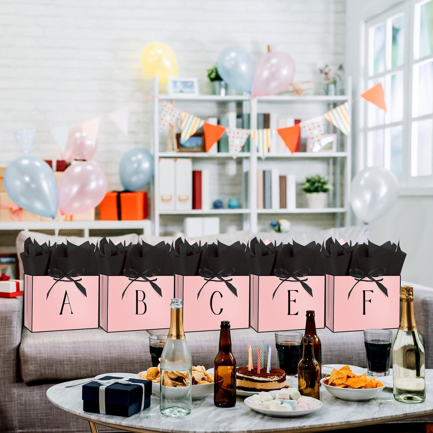 Linelglobal Pink Letter Gift Bag with Handles for Women 12.6" Anniversary Wedding Party Includes Envelope, Card, Wrapping Paper - Initial A - Image 5