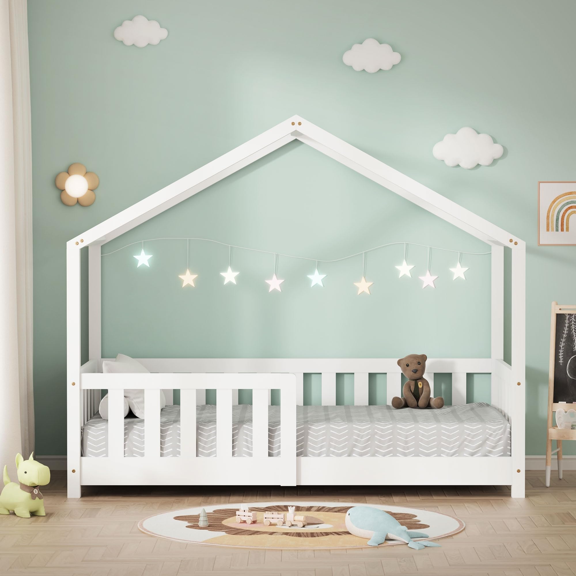 ML-Design Kinderbett Hausbett 70x140 cm Weiß, Holzbett mit Rausfallschutz, Lattenrost und Dach, Spielbett aus massivem Kiefernholz für Kinder, Montessori Bodenbett Bettgestell Bettenhaus Juniorbett