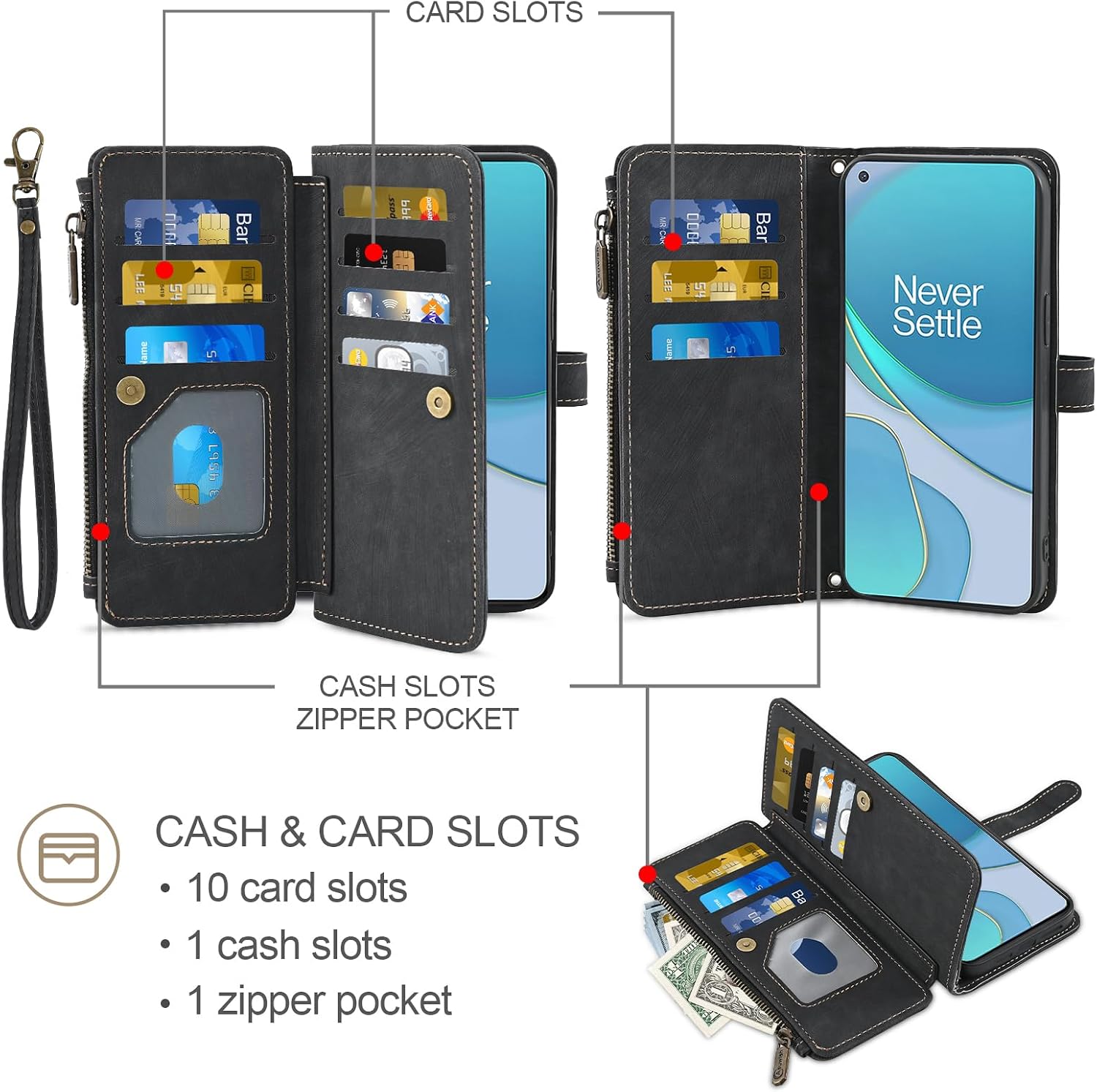 Asuwish Phone Case for OnePlus 8T OnePlus8T Plus 9R 5G Wallet Cover and Tempered Glass Screen Protector Flip Card Holder Cell One Plus8T5G On + 1 Plus 8Tplus 1plus 8T+ One+ T8 1+ 1+8T Pro G5 Men Black