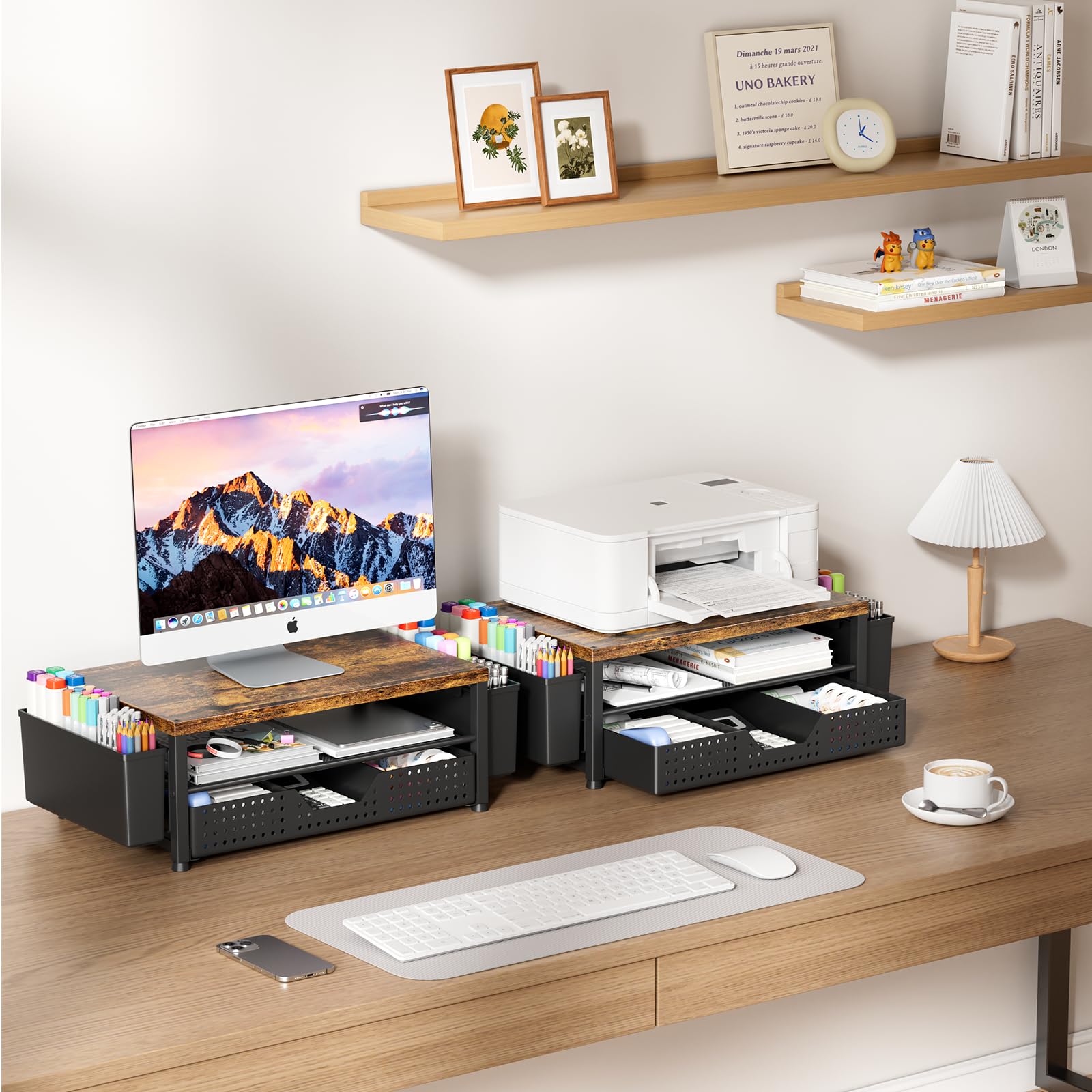 LEKETREE Organizer da scrivania in legno, a 2 ripiani, con cassetto portaoggetti e 2 portapenne, supporto per laptop e stampante, ripiano per la parte superiore della scrivania (marrone rustico)