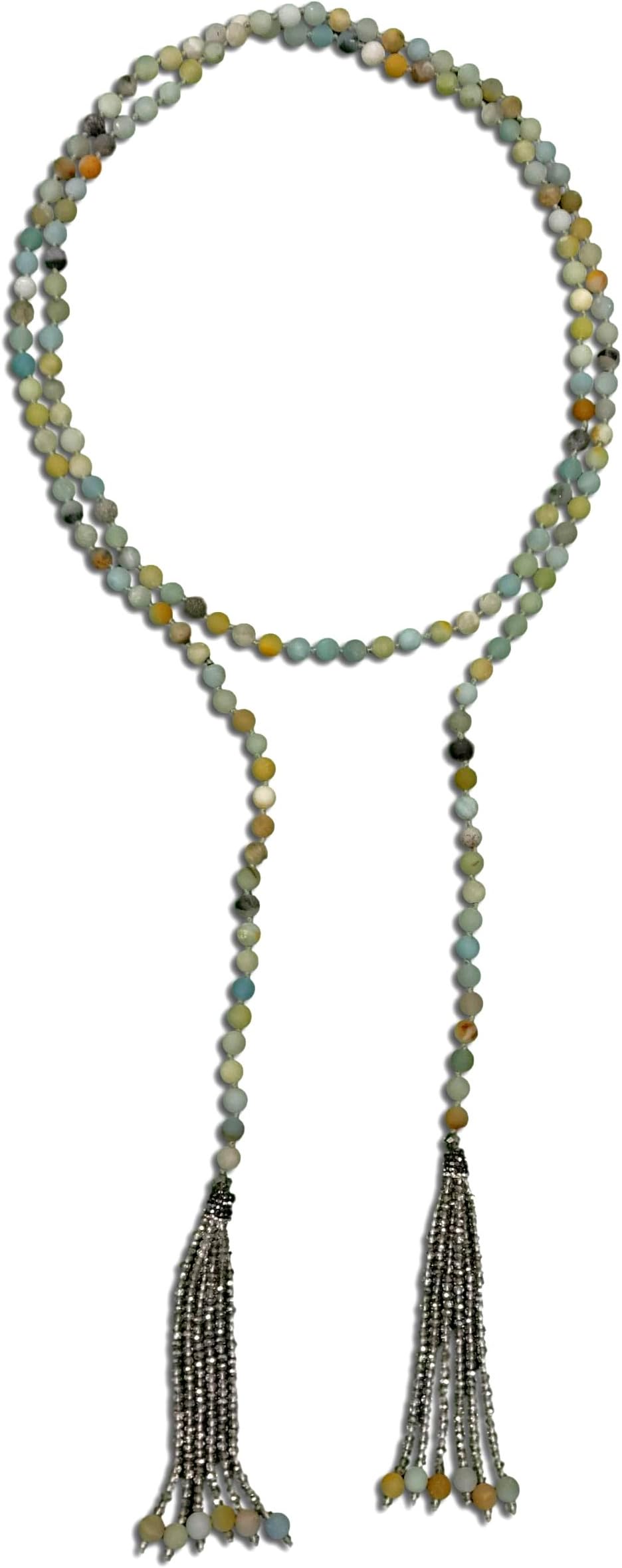 MGR MY GEMS ROCK! Long Lariat Open Style Amazonite Bead Stone Necklace with Tassels, 55 Inches Long.