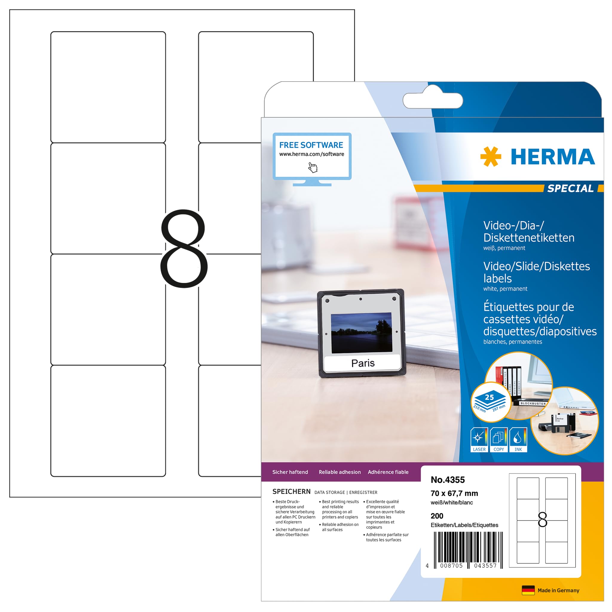 HERMA Special - Permanent selbstklebende, matte Diskettenetiketten aus Papier - weiß - 70 x 67.7 mm 200 Etikett(en) (25 Bogen x 8)