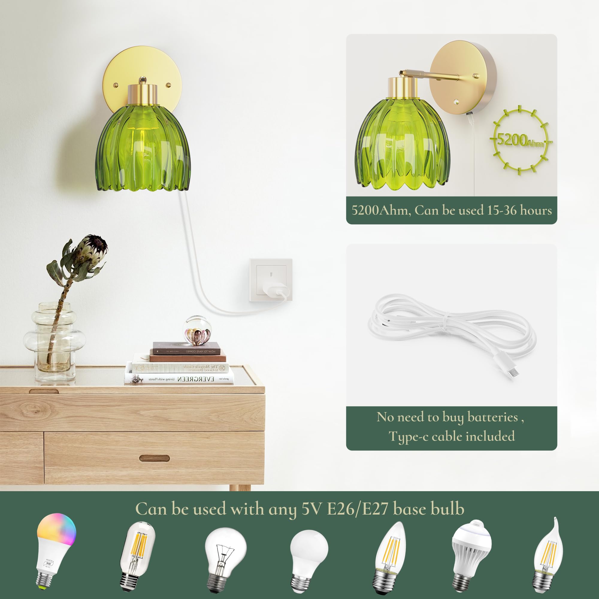 LGMCF Applique murale à piles rechargeables – 8000 mAh avec abat-jour tulipe en verre vert, pour lampes murales sans fil pour coiffeuse de chambre à coucher