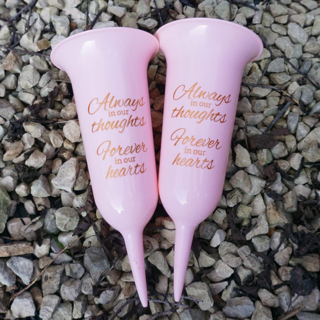 Angraves Pink Set Of 2 And Gold Forever In Our Hearts Fluted Spiked Memorial Grave Flower Vases