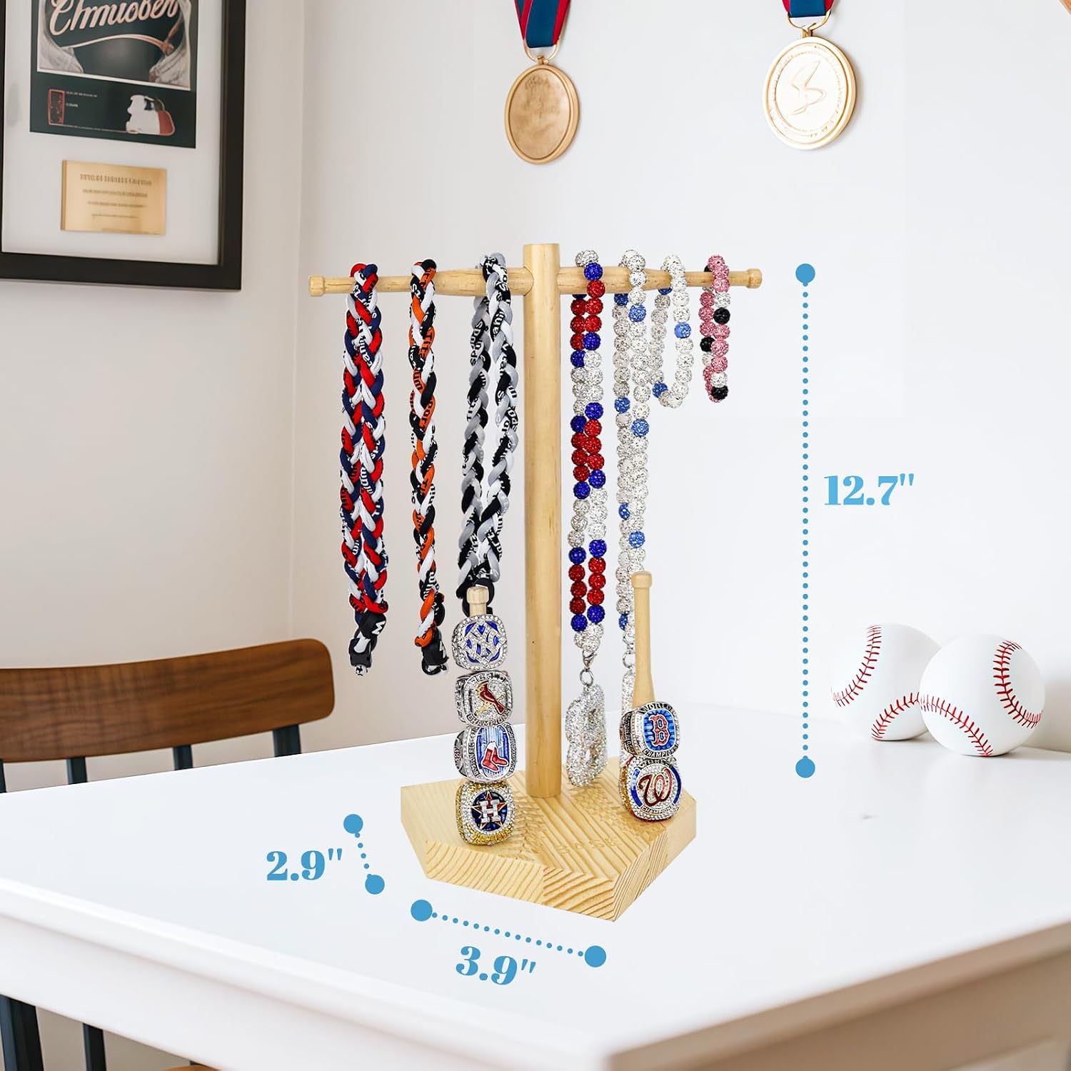 Wooden Baseball or Softball Drip Necklace Organizer Holder, Championship Ring Display Holder, Softball Ring Holder, Sports Ring Holder, Drip Necklace Holder Baseball Display Gift (Natural)