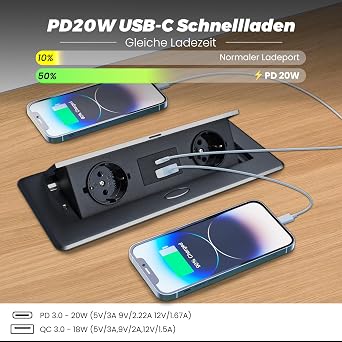 Retractable Socket Table Socket with USB-C PD20W Black