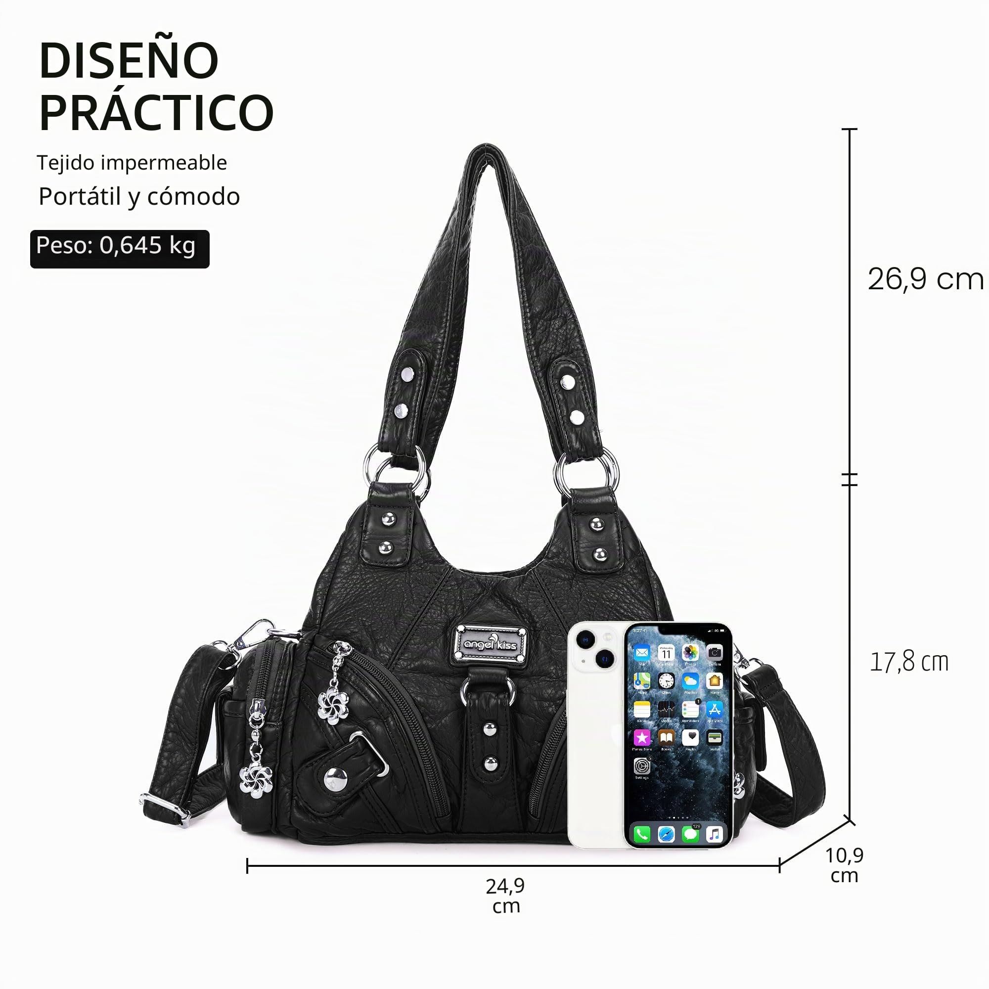 Angel Kiss Bolso de mano para mujer, pequeño bolso de hombro hobo de cuero vegano con varios bolsillos y cremallera