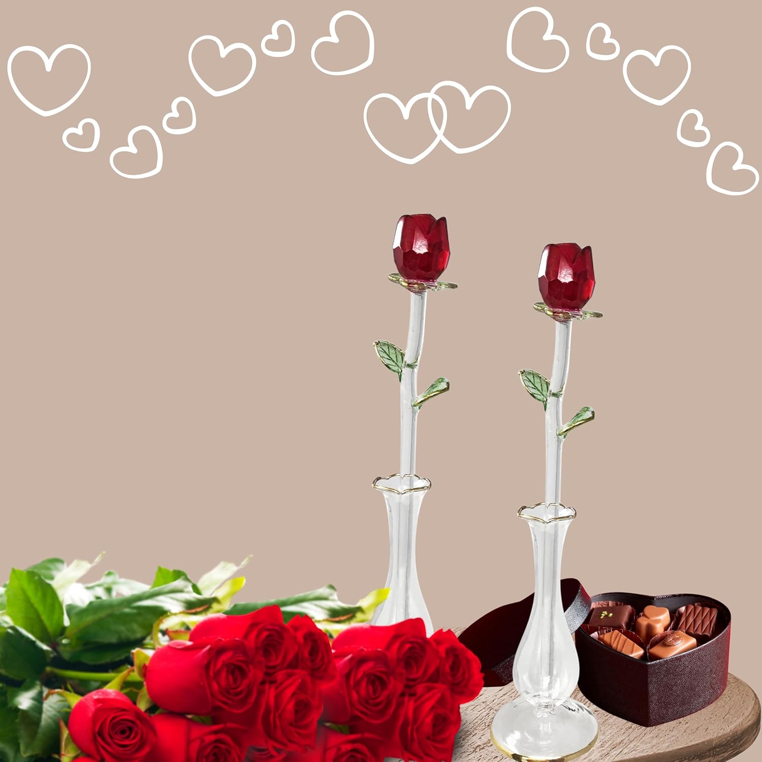 Crystal Red Roses with Bud Vases - I Love You - Sweetheart Wife Girlfriend - Birthday Mother's Day Christmas Anniversary Love Gift - Each Measures 8.5" H - Set of 2